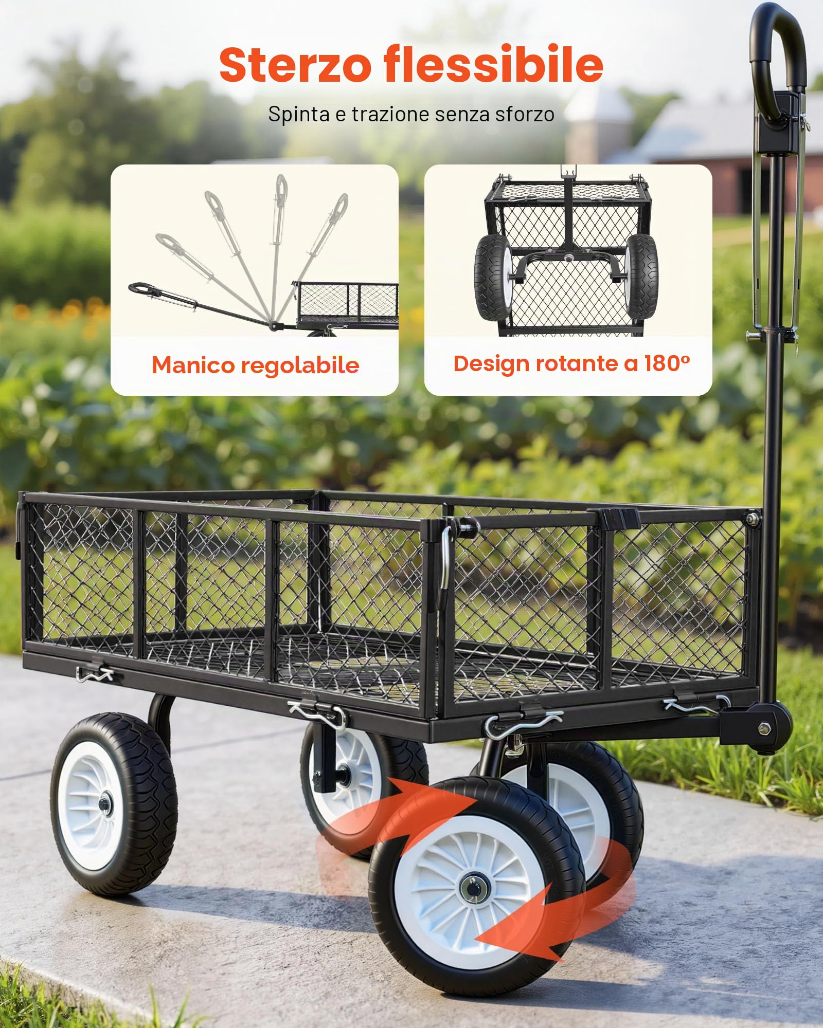 VEVOR Carrello Portaoggetti da Giardino Carico max 408,2 kg Carrello da Trasporto per Legna Terra Detriti Lati Rimovibili Pneumatici Antiforatura in PU, Carretto Compatibile con Trattore ATV, Nero
