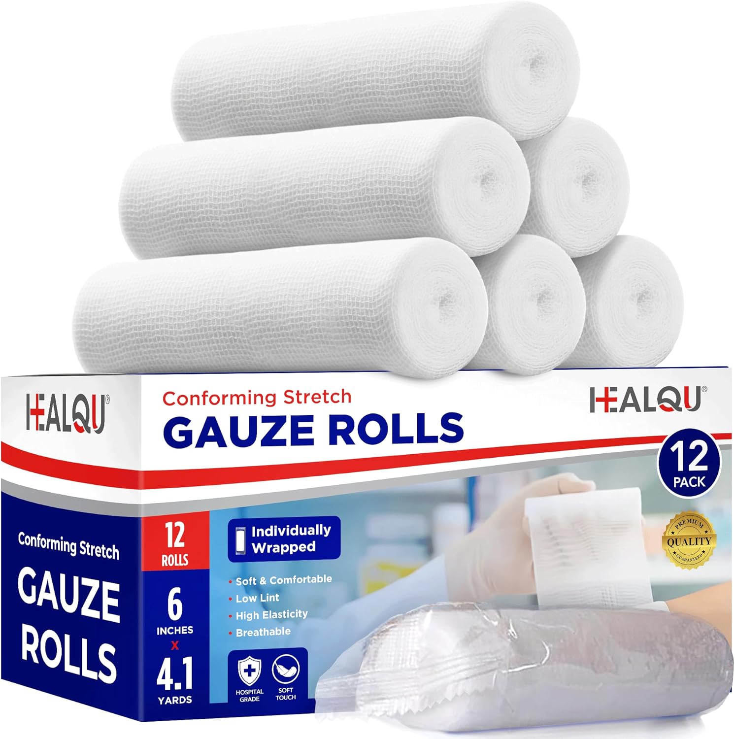 HEALQU Premium Gauze Rolls - 6' x 4.1 Yards - 12 Rolls, Individually Wrapped Conforming Stretch Gauze Bandage - Super Soft Woven Stretch Bandages for Primary Wound Dressing Support