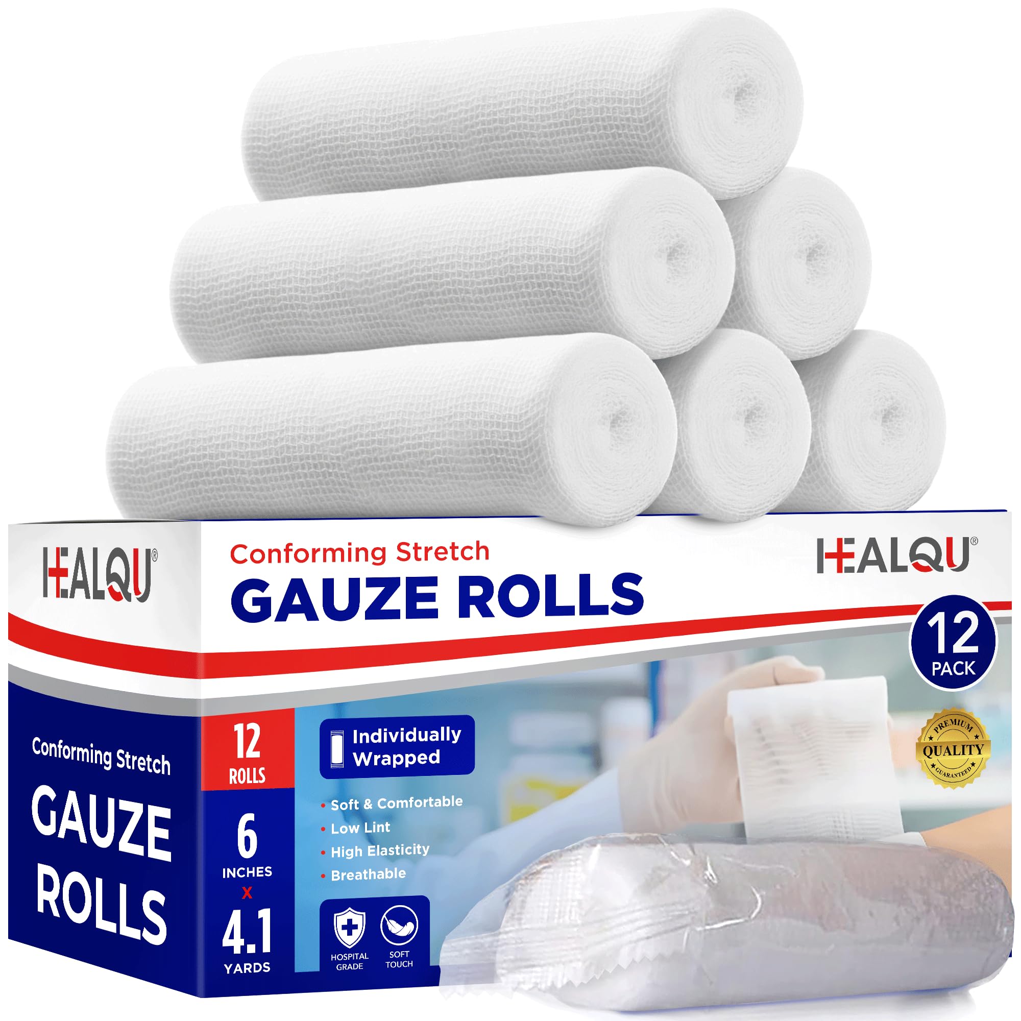 HEALQU Premium Gauze Rolls - 6' x 4.1 Yards - 12 Rolls, Individually Wrapped Conforming Stretch Gauze Bandage - Super Soft Woven Stretch Bandages for Primary Wound Dressing Support