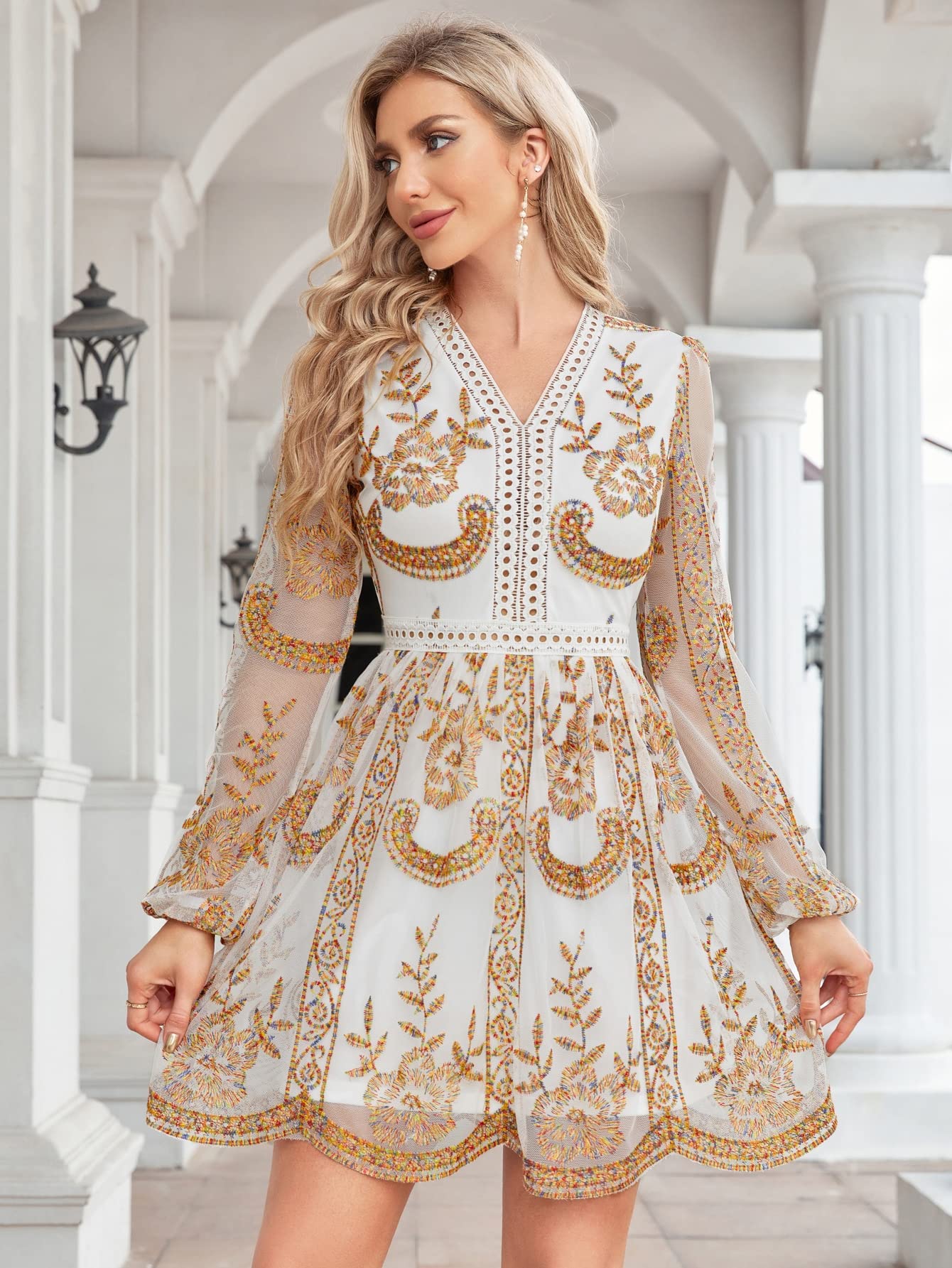 embroidered lantern sleeve dress Floral Embroidered Evening Gown main image 1