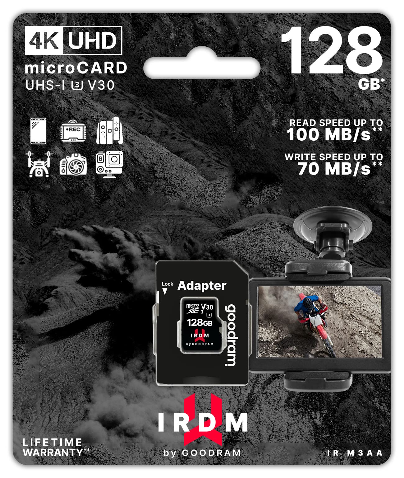 Goodram - IRDM microSD Karte UHS-I U3 mit Adapter - 128 GB, bis zu 100 MB/s, V30, 4K geeignet - stoßfest & wasserdicht - Extreme Zuverlässigkeit, Video Speed Class V30, Qualitätskomponenten