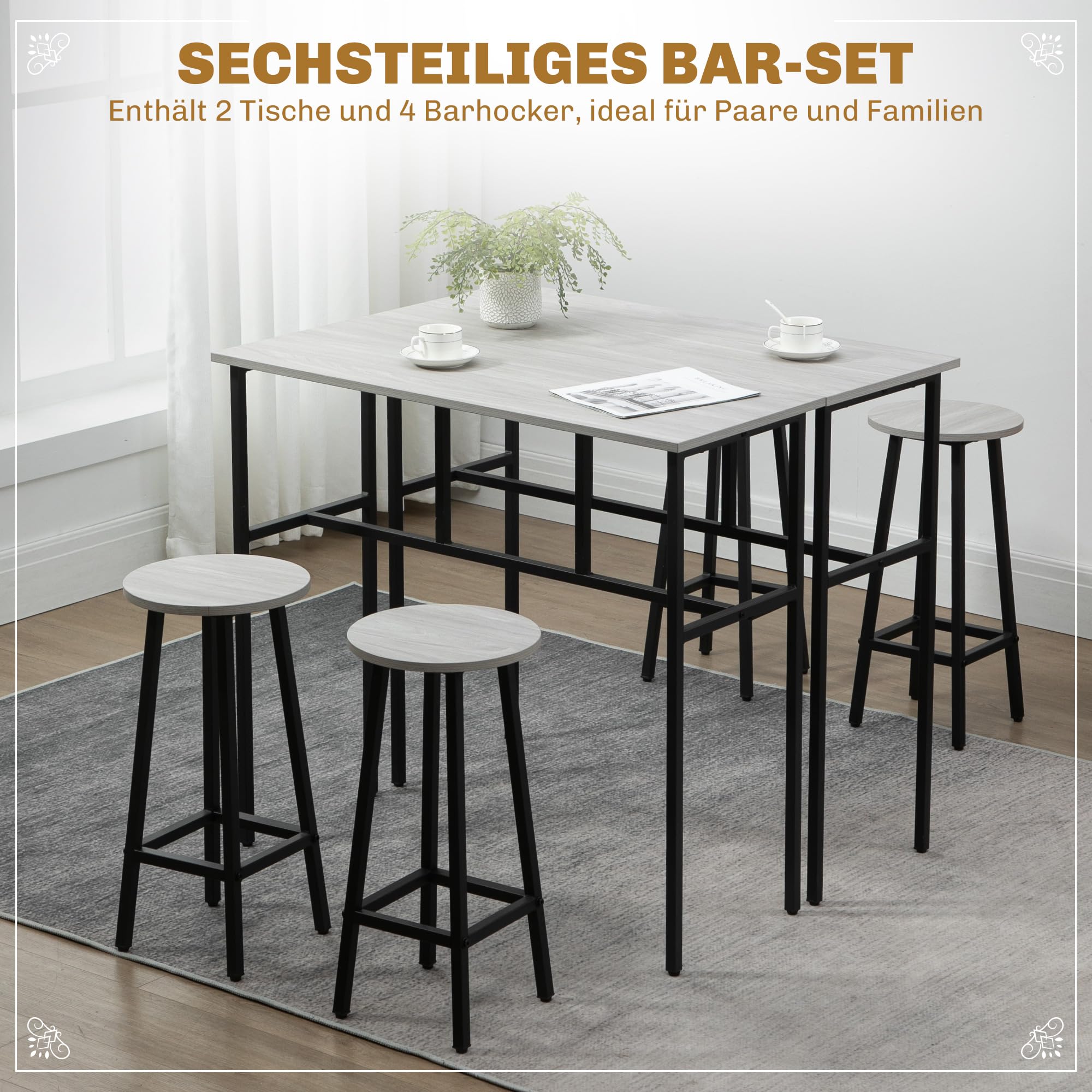 HOMCOM 6-teilig Essgruppe im Industrial Design 2 Bistrotisch Grau+Schwarz