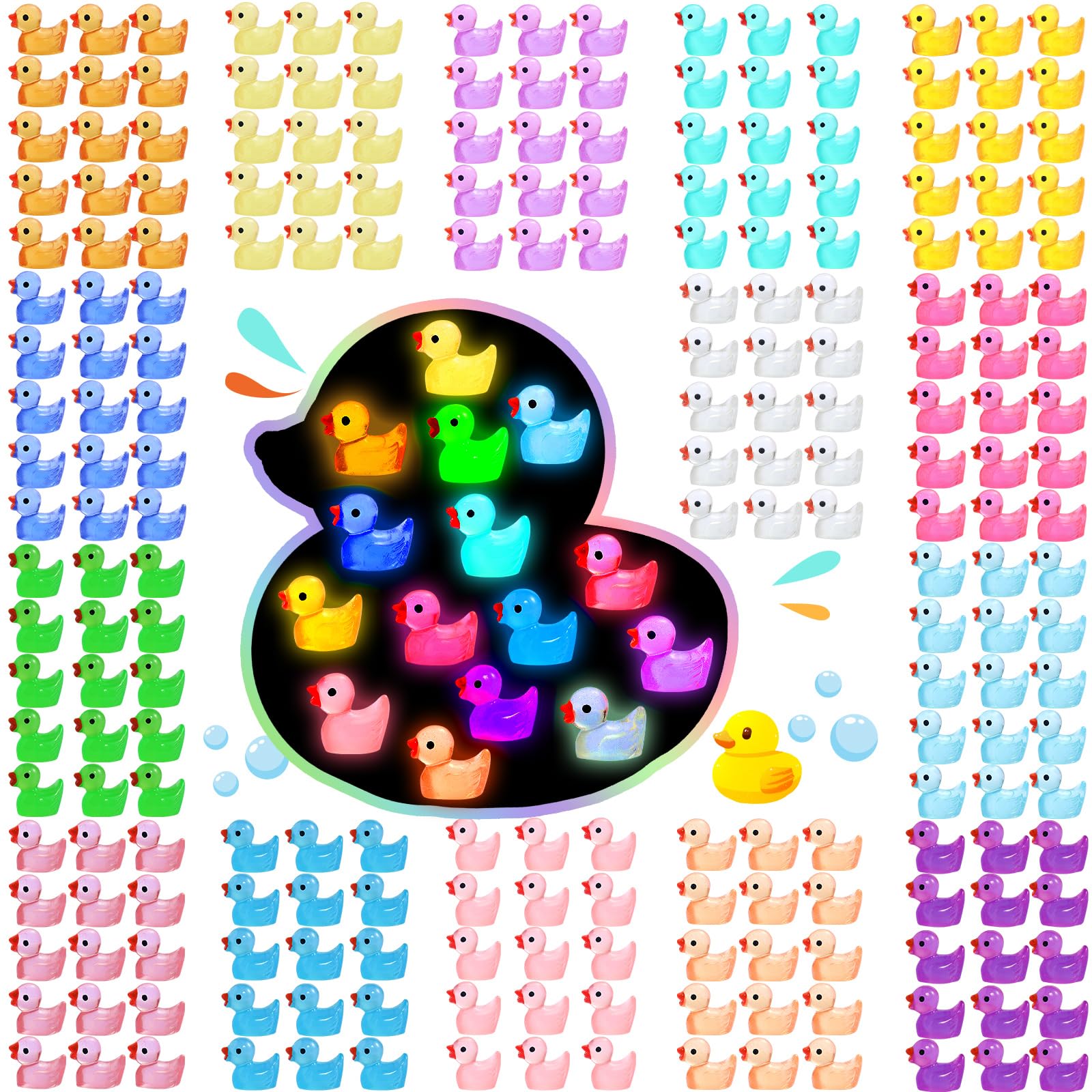 225 Pcs Luminous Mini Resin Ducks Bulk 15 Colors Tiny Duck Glow in The Dark for Garden Micro Landscape Dollhouse Aquarium Potted Ornament Charms Birthday Party DIY Toys Craft Accessories