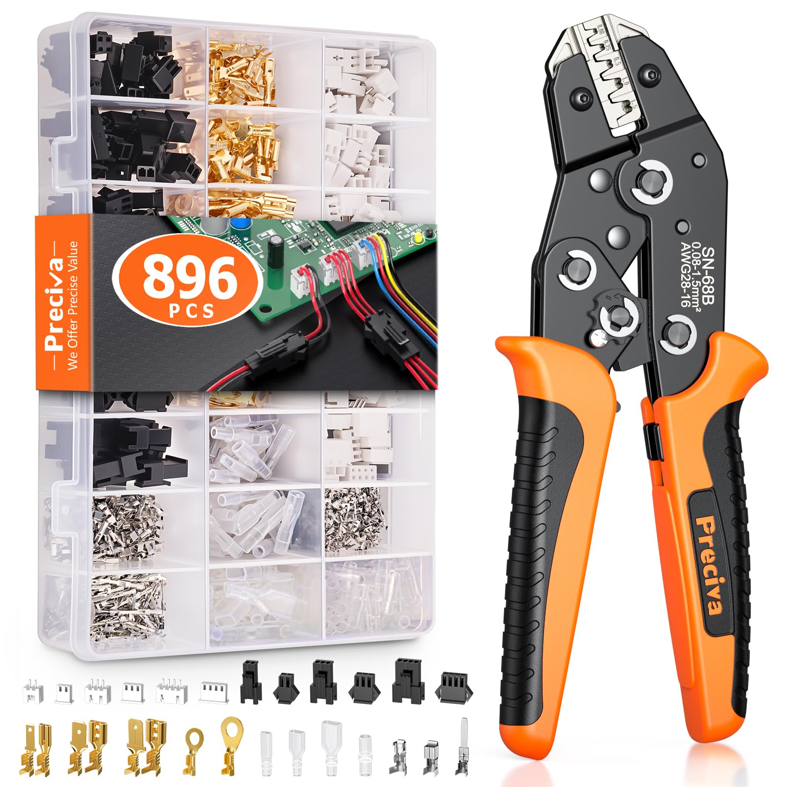 Preciva Crimping Tool Set for Dupont AWG28-16 2 in 1 Wire Crimp Tools with 896pcs Cable Terminals for ATX/EPS/PCIE/SATA/Spade Connectors