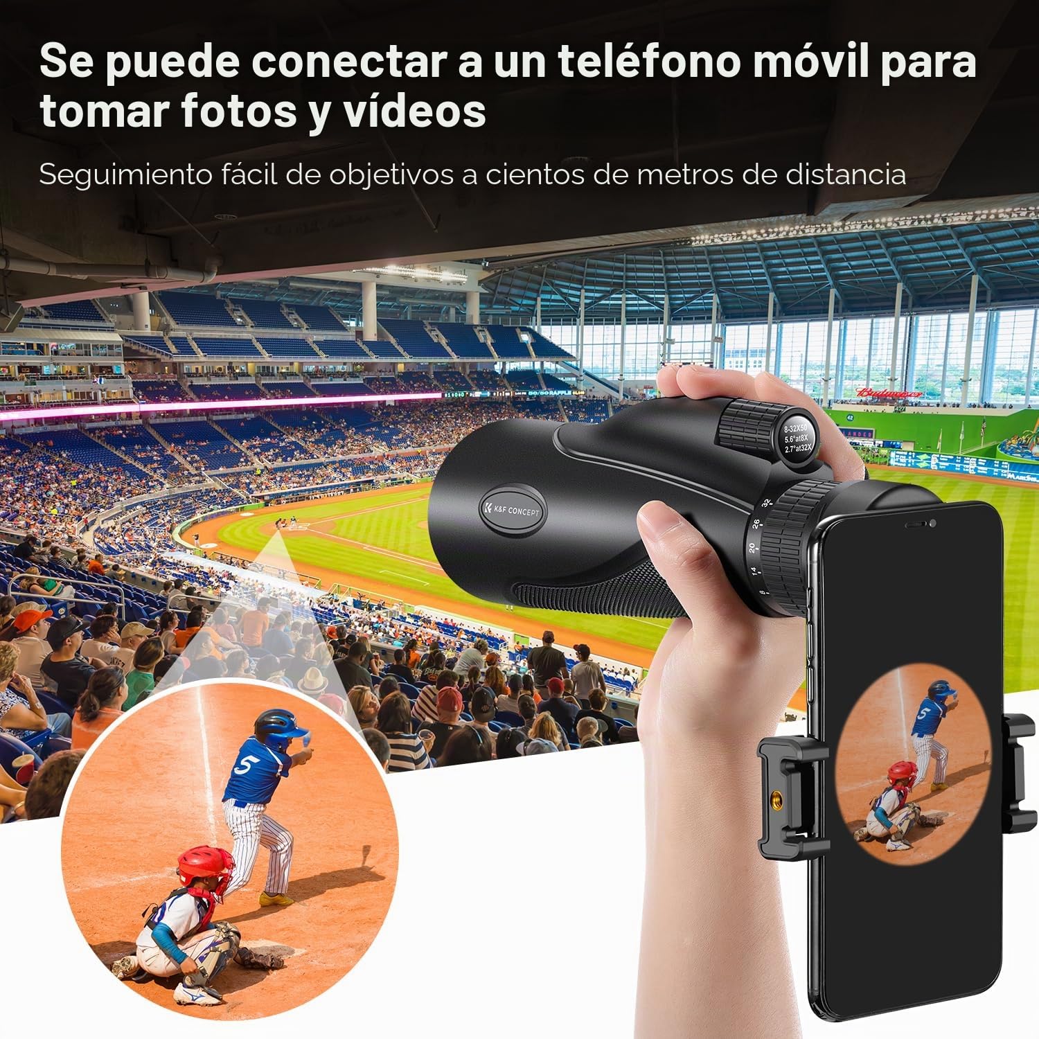 K&F Concept 8-32X50 HD Monocular Telescopio Zoom Continuo con Clip de teléfono móvil para observación de Aves, Caza, Senderismo, conciertos