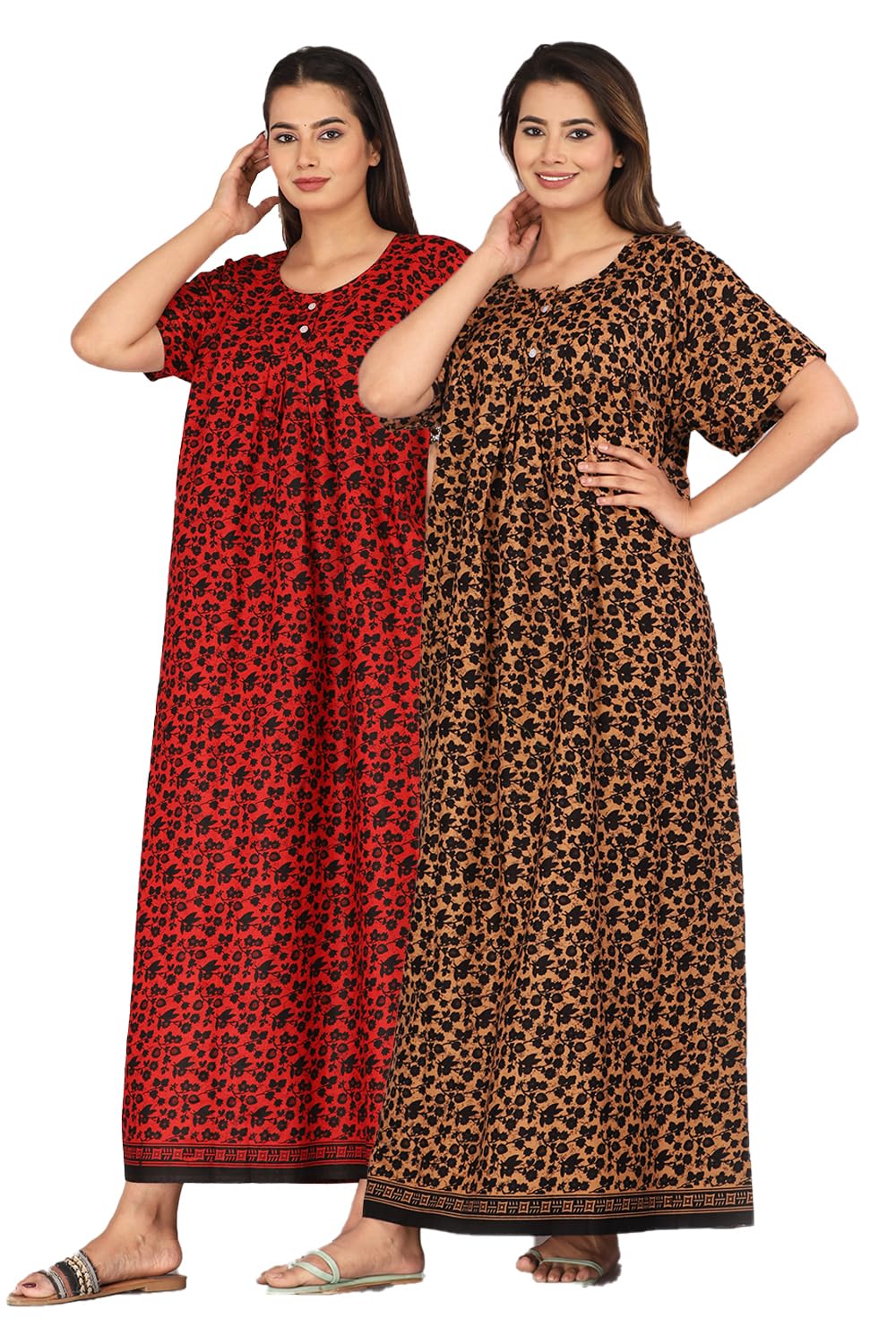 kuruti b sheets Nighty for Women Cotton Combo (Pack of 2) Nighty Gown Round Neck Short Sleeves Jaipuri Maxi Gown Printed Free Size-picture-11