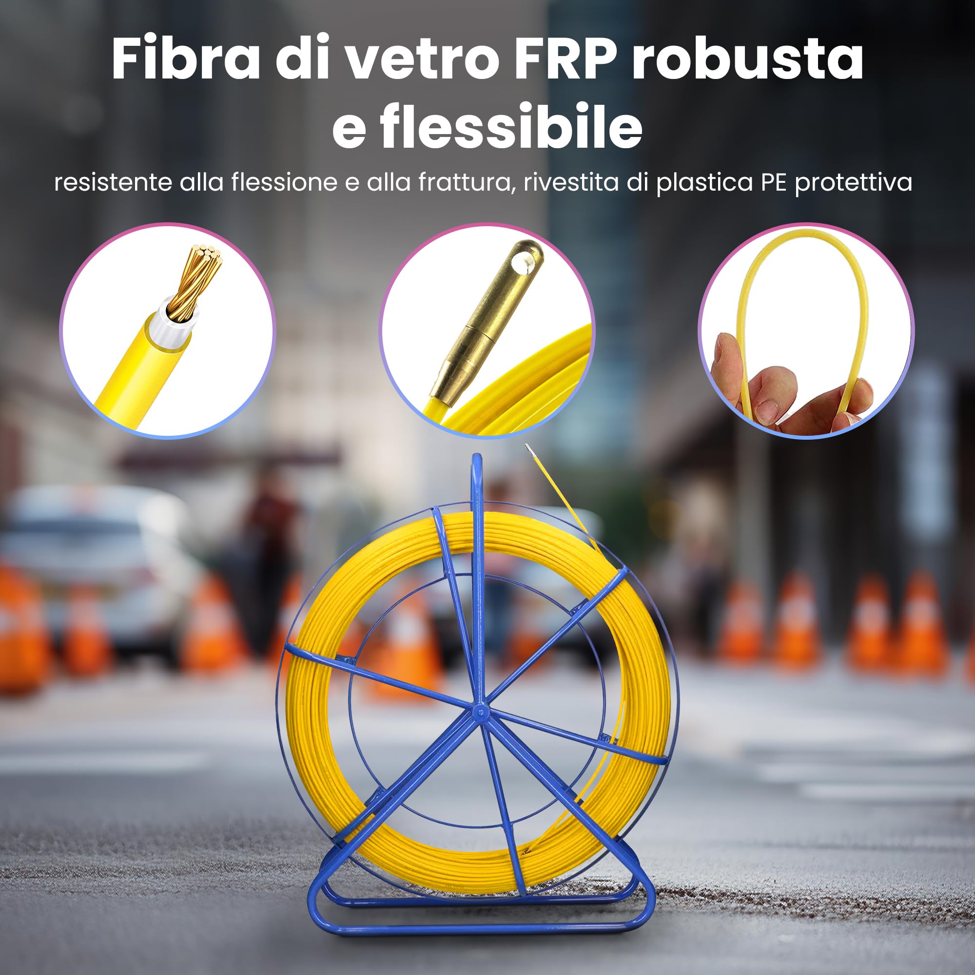 Extralink Asta in fibra di vetro FRP da 6mm di diametro 50m, tubo vuoto con supporto per rulli e freno, molla retrattile ad alta elasticità e resistenza, accessori in fibra di vetro per cavi per