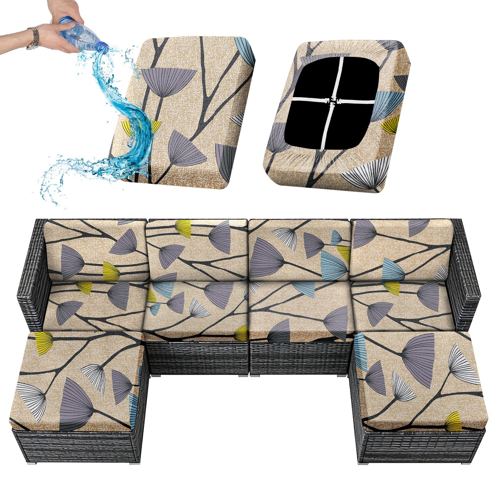 Sfcover 1/2/4/6 Pack Outdoor Sofa Cushion Covers Waterproof Stretch Garden Furniture Seat Back Cover Patio Upholstery Silpcover Replacement Set for Rattan with 4 Adjustable Laces (dandelion,2)
