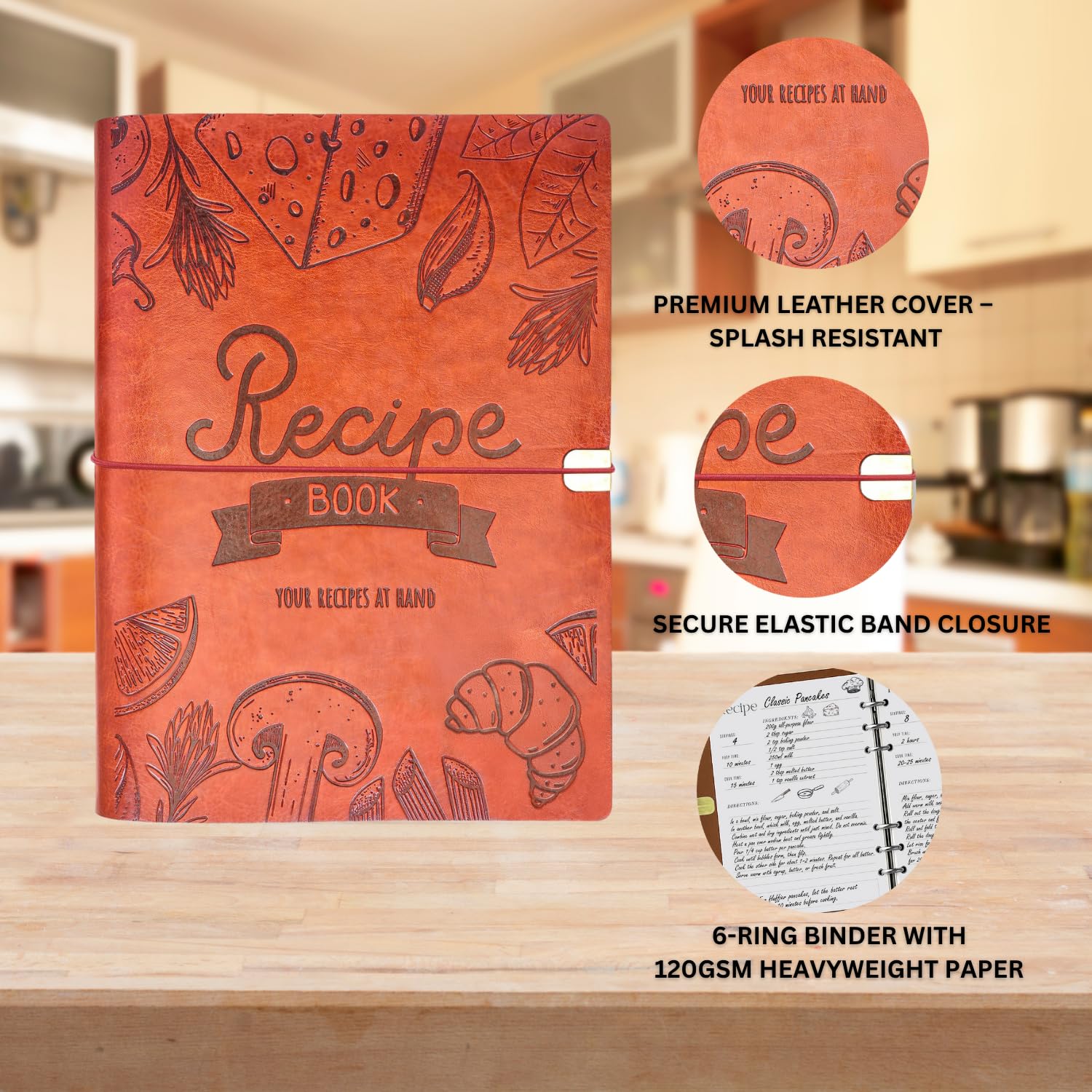 Rezeptbuch zum Einschreiben eigener Rezepte – A5 blanko Rezeptbuch mit Ledereinband – hält 130 Rezepte – inklusive Aufkleber – Familien-Kochbuch Geschenk für Frauen & Hobbyköche