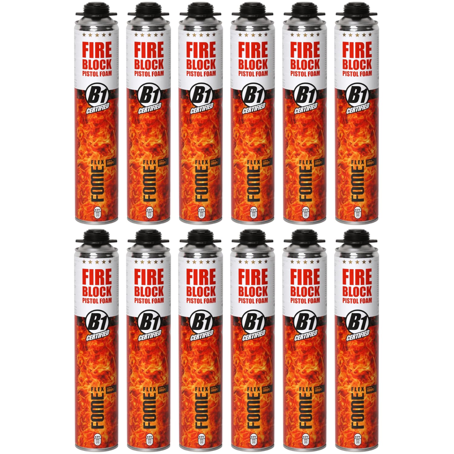 Fire Block - Schiuma poliuretanica antincendio ad alta resistenza, guarnizioni minerali e metalliche, 12 x 750 ml, resistenza al fuoco fino a 240 min, tenuta fumo e gas