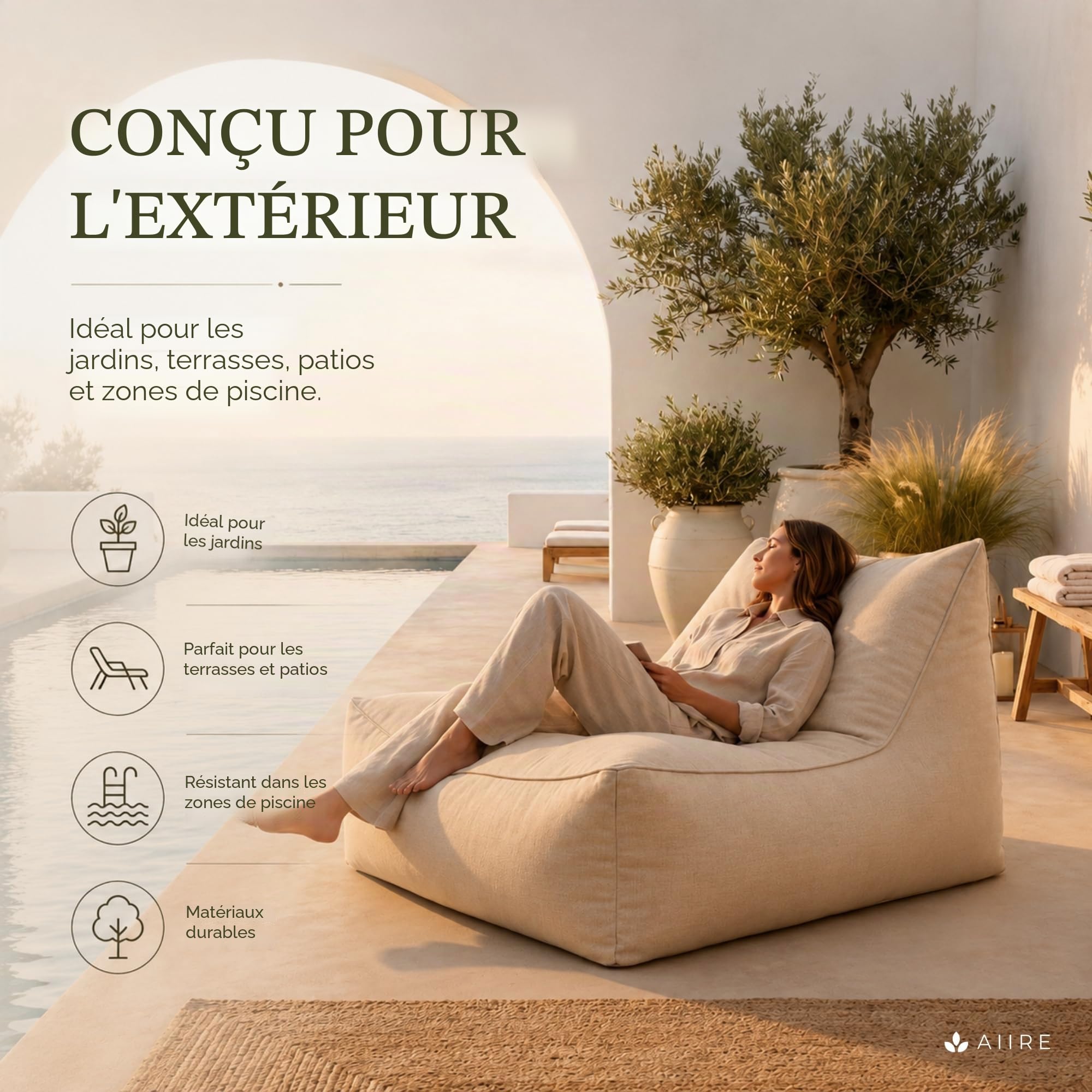 Aiire Pouf Exterieur Géant Moderne - Fauteuil Pouffe Salon XXL avec Remplissage pour Décoration Chambre et Jardin - Bean Bag Chair Adulte ou Ado - Coussin de Sol Beige