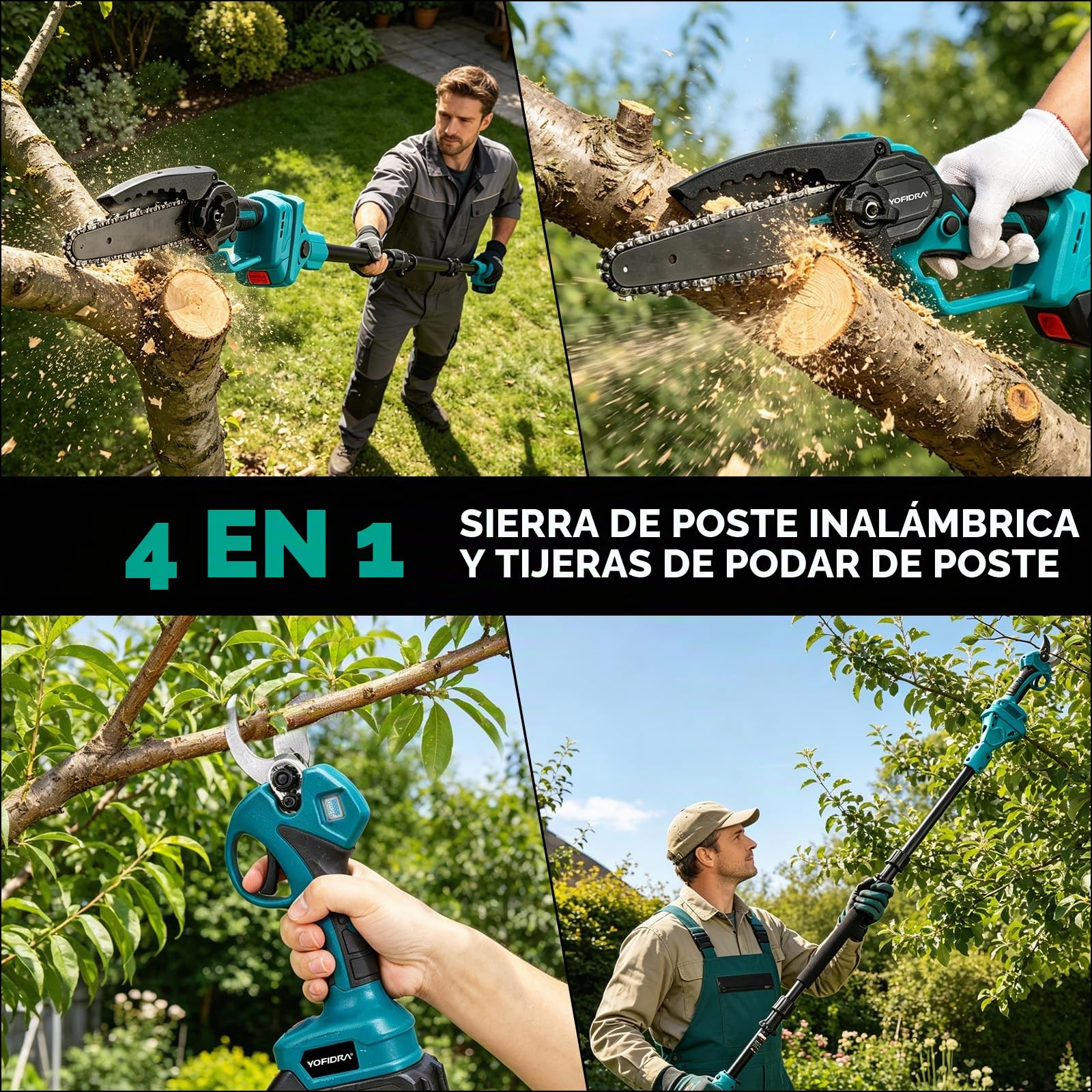 Yofidra 4-en-1 podadora con batería, sierra de cadena telescópica de 6 pulgadas con batería y tijera de podar eléctrica de 30 mm, ángulo ajustable de 180°, motosierra eléctrica con 2 baterías de 3.0