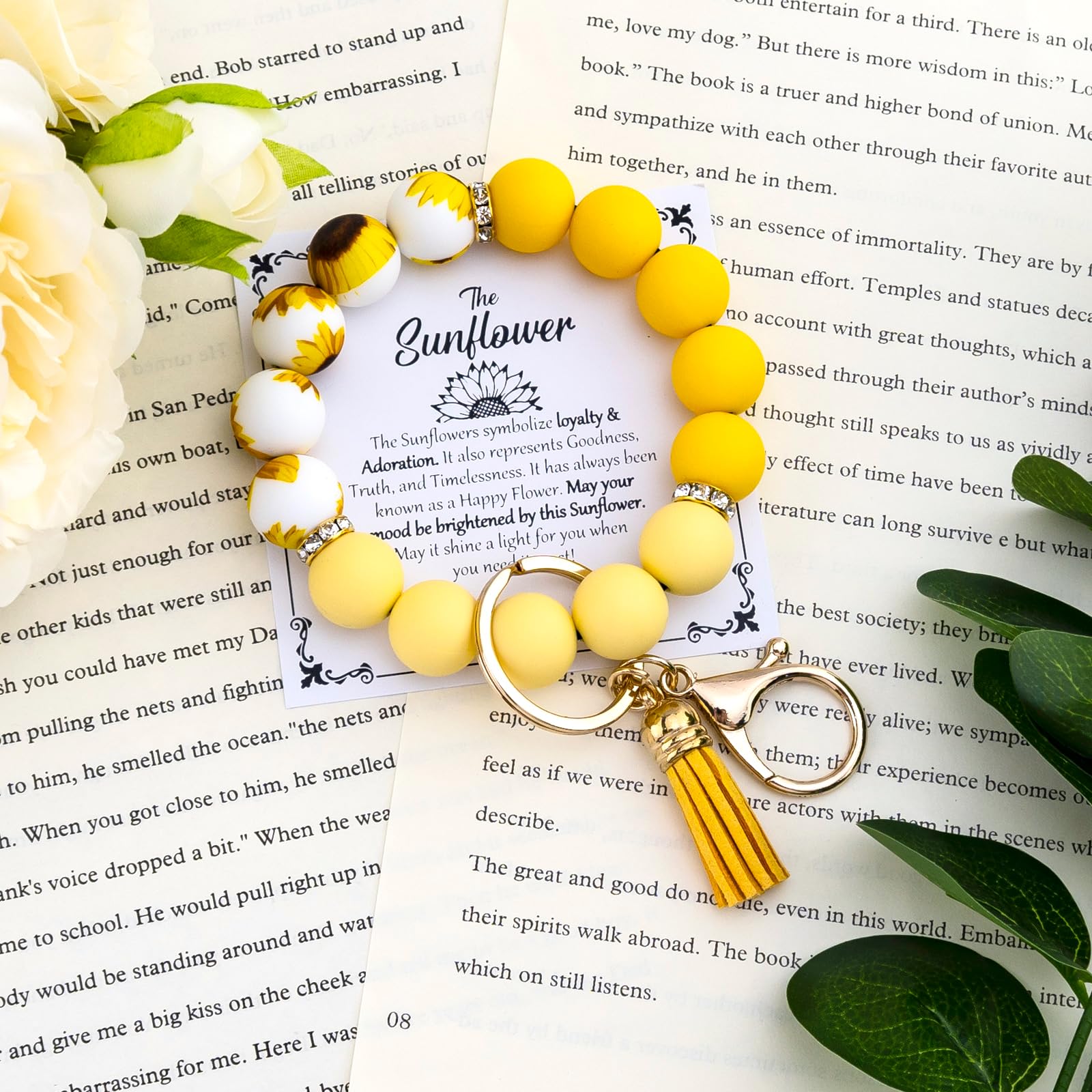Sunflower Bracelet Gifts for Women Yellow Gifts for Women Sunflower Car Accessories Silicone Beaded Wristlet Keychain Yellow Sunflower Bracelet for Sunflowers Lovers