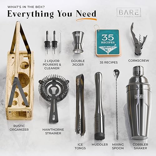 Miniatura 4 de BARE BARREL Mixology Bartender Kit Bar Set  Juego de coctelera de Martini  Herramientas de mezcla de barware para el hogar  Carrito portátil rústico