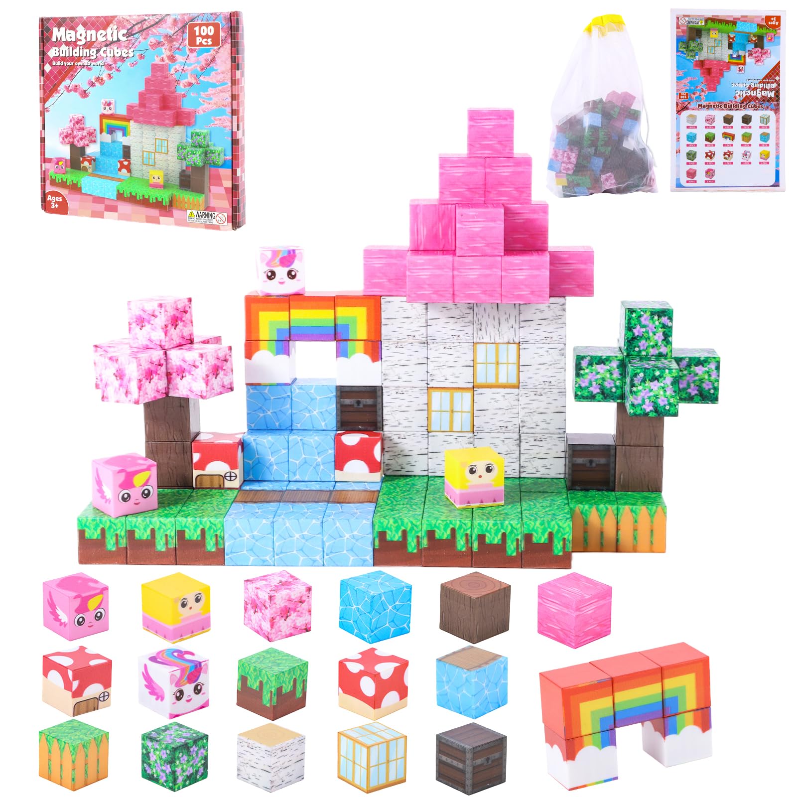 MEESHEEP Magnetic Blocks Unicorn Sakura Rainbow Cubes, Build Models Shown in Pictures, Sakura Rainbow 100pcs
