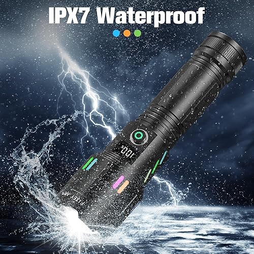 Miniatura 6 de FIXEY AN Linterna recargable, LED de 120000 lúmenes, linterna táctica con zoom, 5 modos, indicador de encendido, IPX7 impermeable, linterna súper