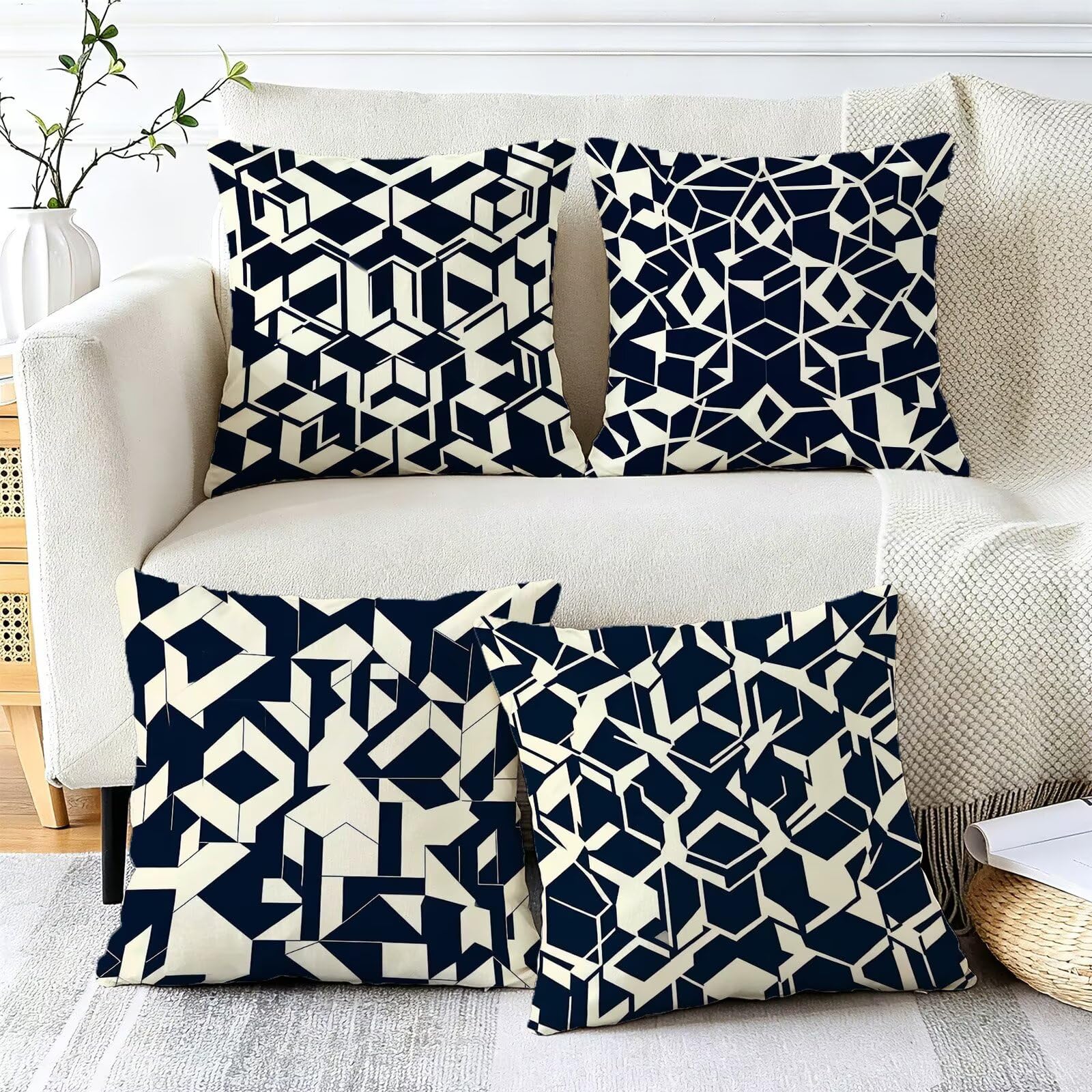Nero Federe Cuscini Divano 60x60cm, Cuscini da Esterno Set de 4, Cod-174 | Lin Copricuscini Decorativi Letto Arredo, per Letto, Soggiorno, Giardino, Esterno, Casa Decorazione Set di 4 Geometria