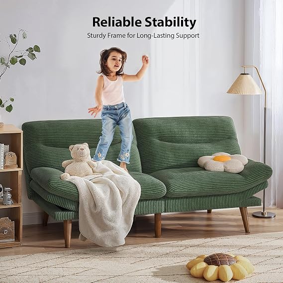 PERLECARE Convertible Futon Sofa Bed, 66 Corduroy Futon Couch with Adjustable Backrest and Armrests, 3-in-1Recliner Sleeper Sofa for Small Spaces, Play Room,Living Room or Office(66 in,Green)