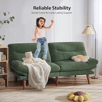 PERLECARE Convertible Futon Sofa Bed, 66 Corduroy Futon Couch with Adjustable Backrest and Armrests, 3-in-1Recliner Sleeper Sofa for Small Spaces, Play Room,Living Room or Office(66 in,Green)