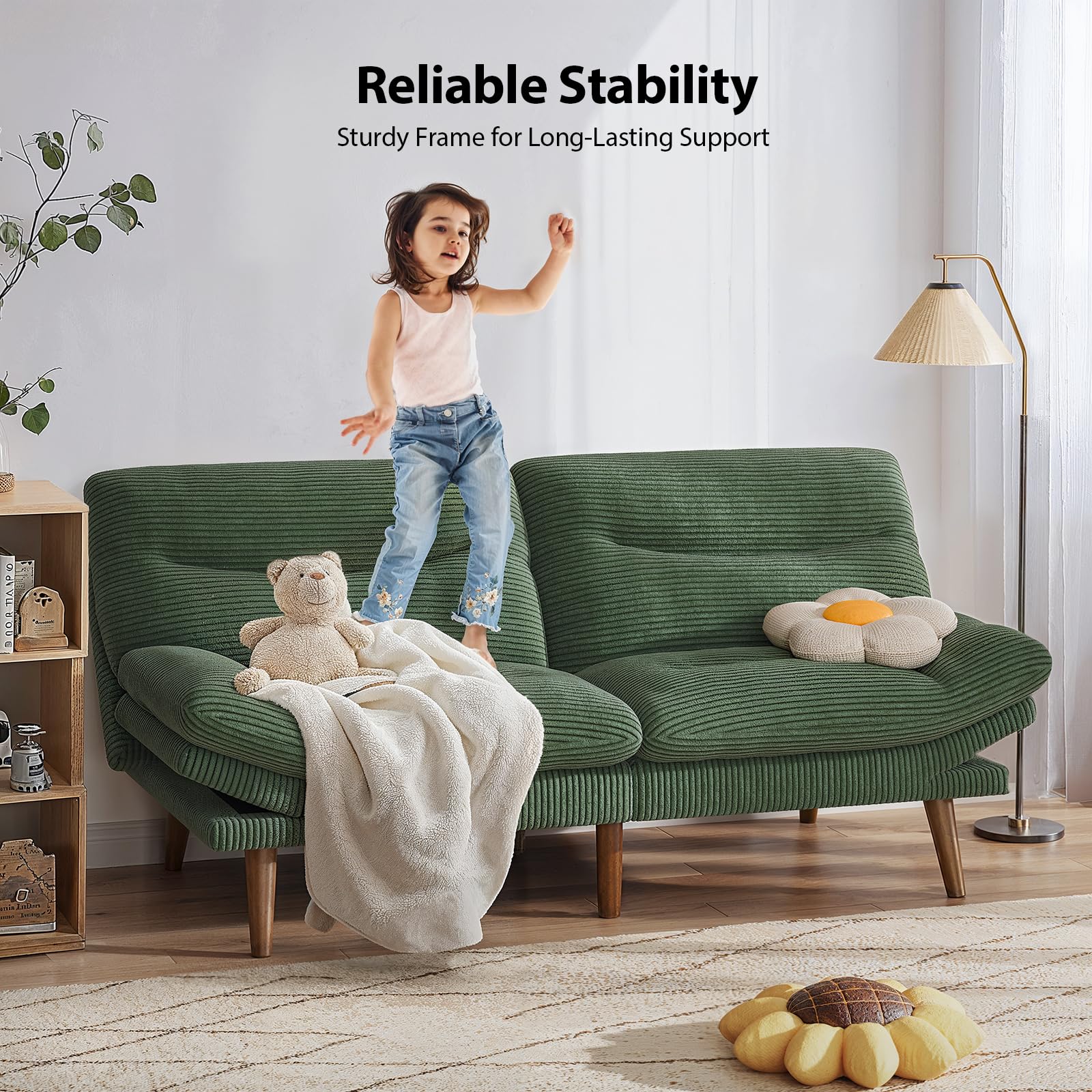 Pipishell 75" Convertible Futon Sofa Bed with Adjustable Armrests, Green | 3-in-1 Sofa, Recliner and Bed, 3-Position Adjustable Backrests, 5-Level Adjustable Armrests, Corduroy Fabric, Small Space Use