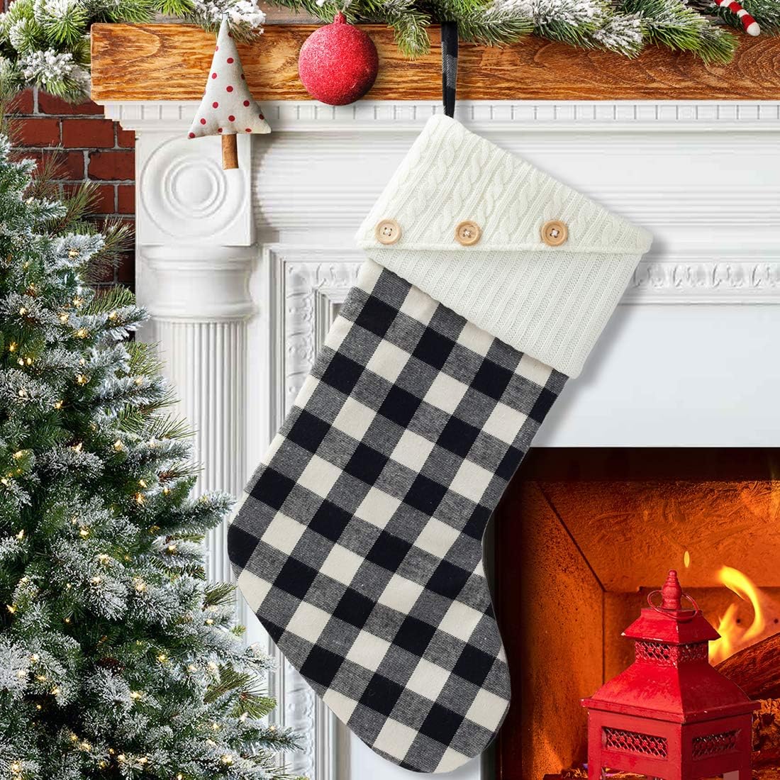EDLDECCO 20 Inches Christmas Stocking Buffalo Check with Knitted Cuff Black and White Plaid Home Xmas Tree Mantel Holiday Decoration Ornaments