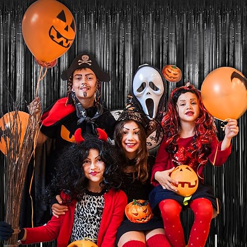 Miniatura 10 de Paquete de 2 cortinas de oropel naranja de 3.2 x 9.8 pies, decoraciones de telón de fondo de fiesta de papel metálico para Halloween, Navidad,