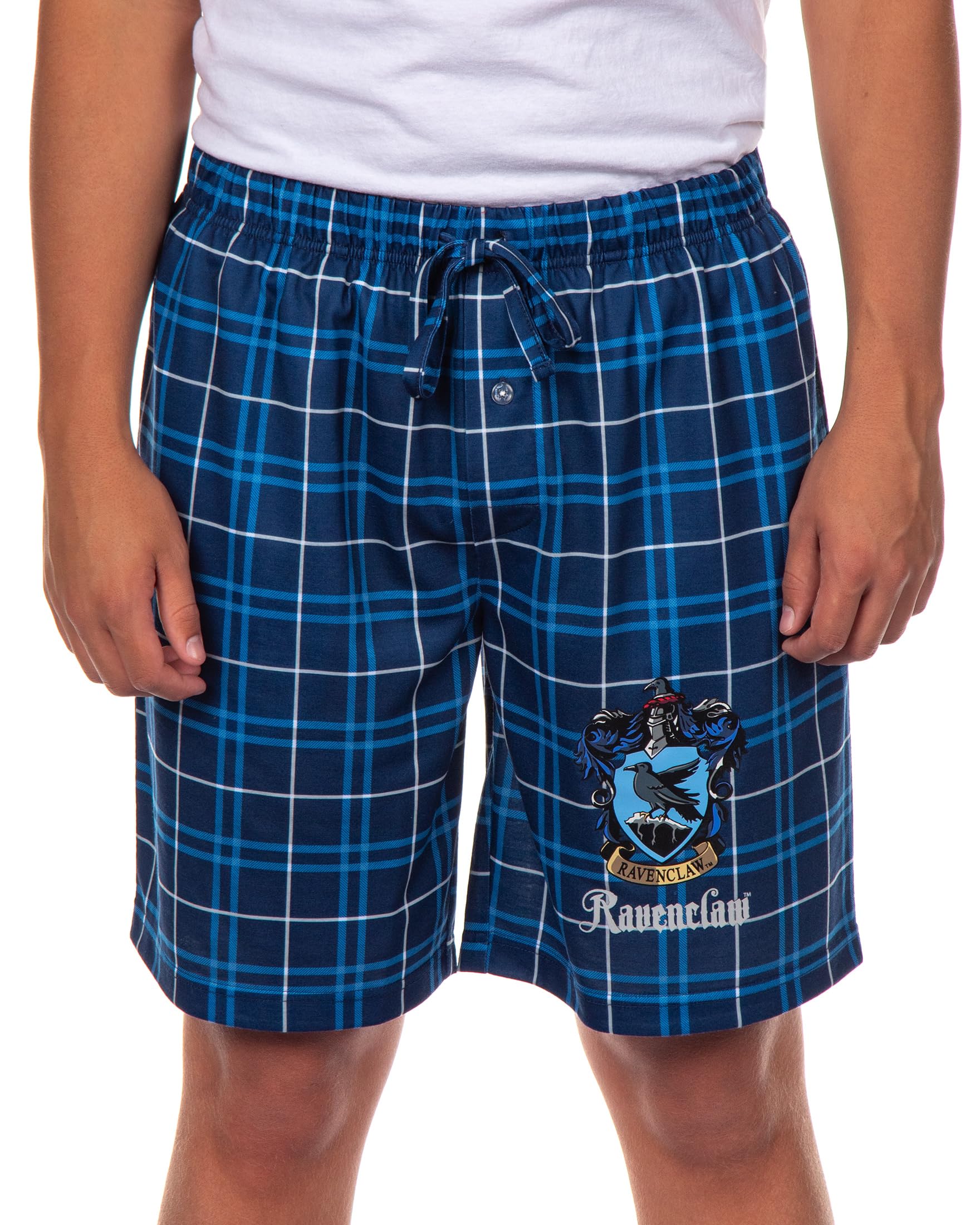 Harry Potter Pajamas Men's House Crest Plaid PJ Lounge Shorts, Blue, Large