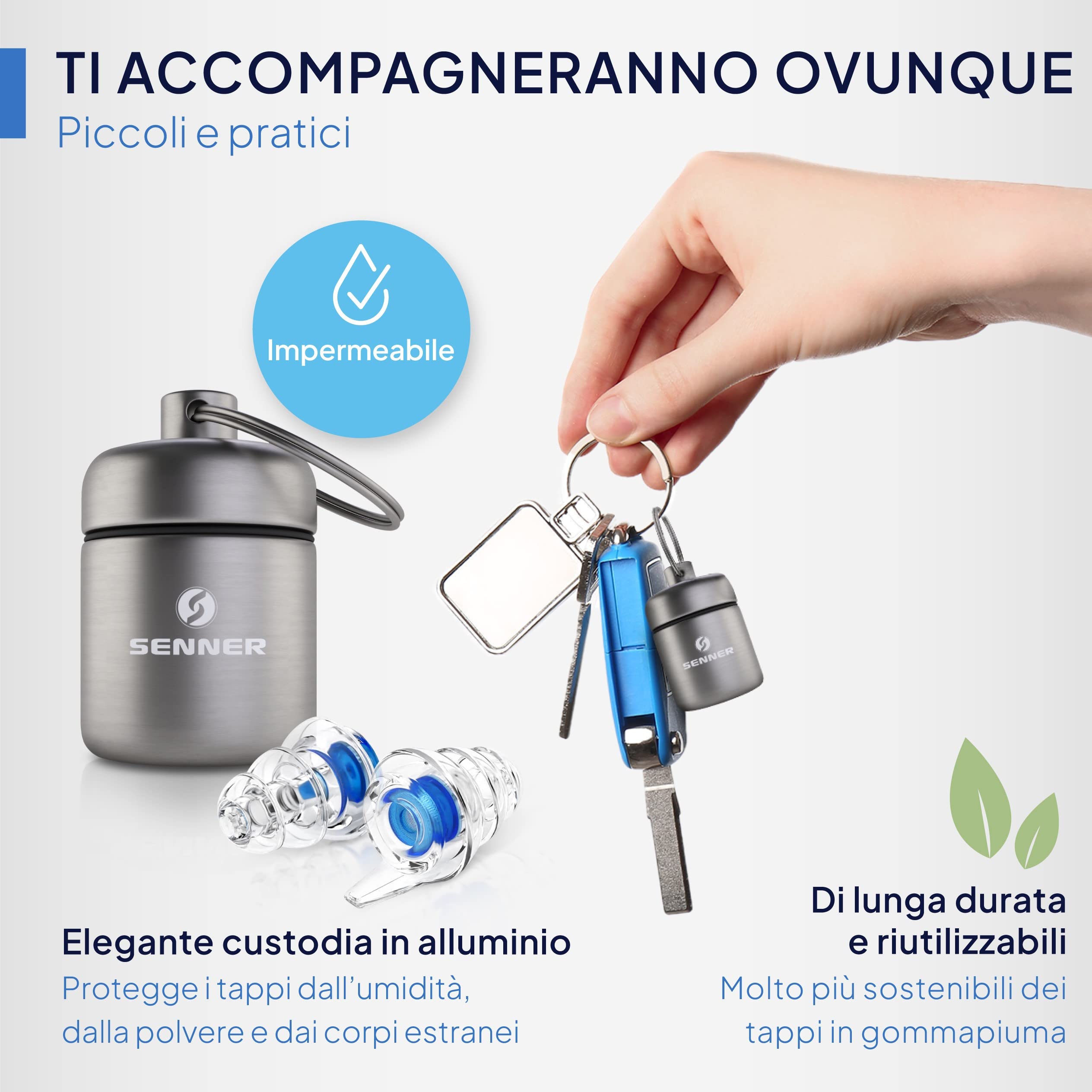 Senner MusicPro tappi per orecchie antirumore a protezione dell’udito con contenitore in alluminio. Ideali per musica, concerti, discoteca e festival, blu/trasparente