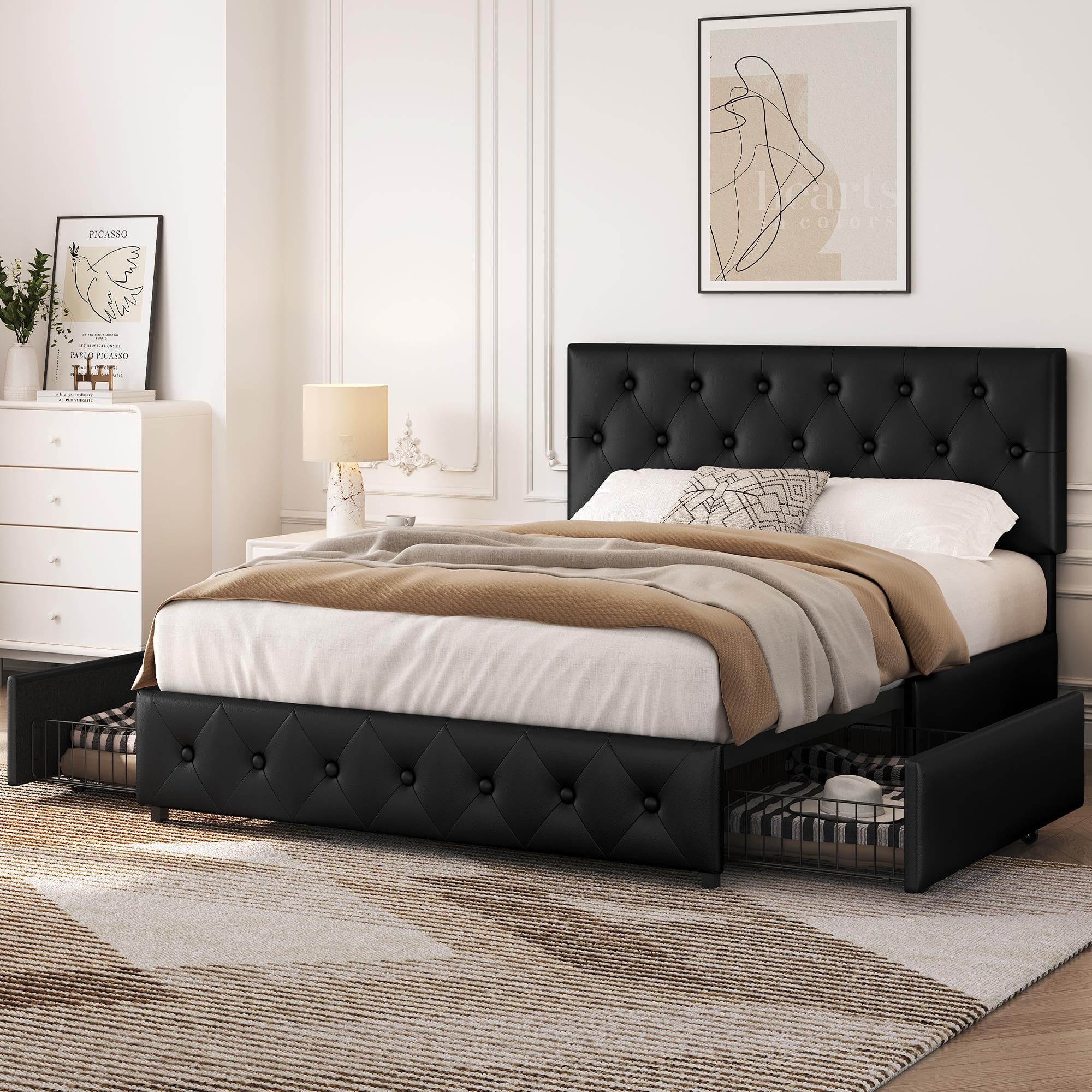 Yaheetech 4ft6 Double Bed Frame Upholstered Platform Bed with Adjustable Diamond Button-Tufted Headboard and 2 Drawers Storage/Sturdy Wood Slat Support/No Box Spring Needed,Black Double Bed