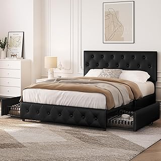 Yaheetech 4ft6 Double Bed Frame Upholstered Platform Bed with Adjustable Diamond Button-Tufted Headboard and 2 Drawers Storage/Sturdy Wood Slat Support/No Box Spring Needed,Black Double Bed