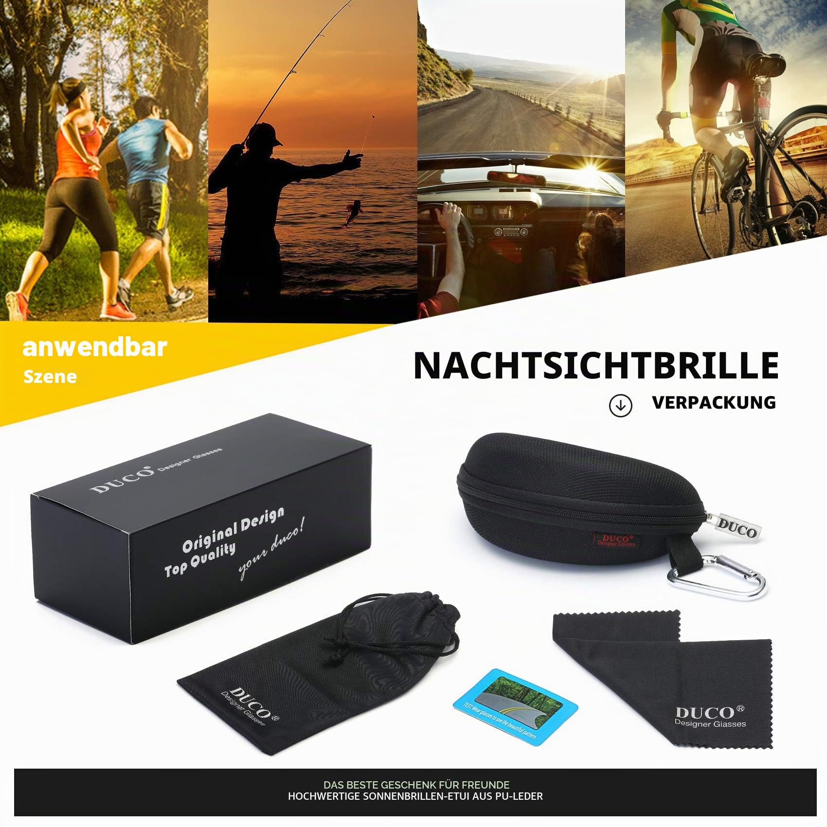 DUCO Herren Nachtsichtgläser bei blendenden Scheinwerfern Autofahren Nachtfahrbrille polarisierte Sportbrillen mit gelben Gläsern 6806 (Schwarz)