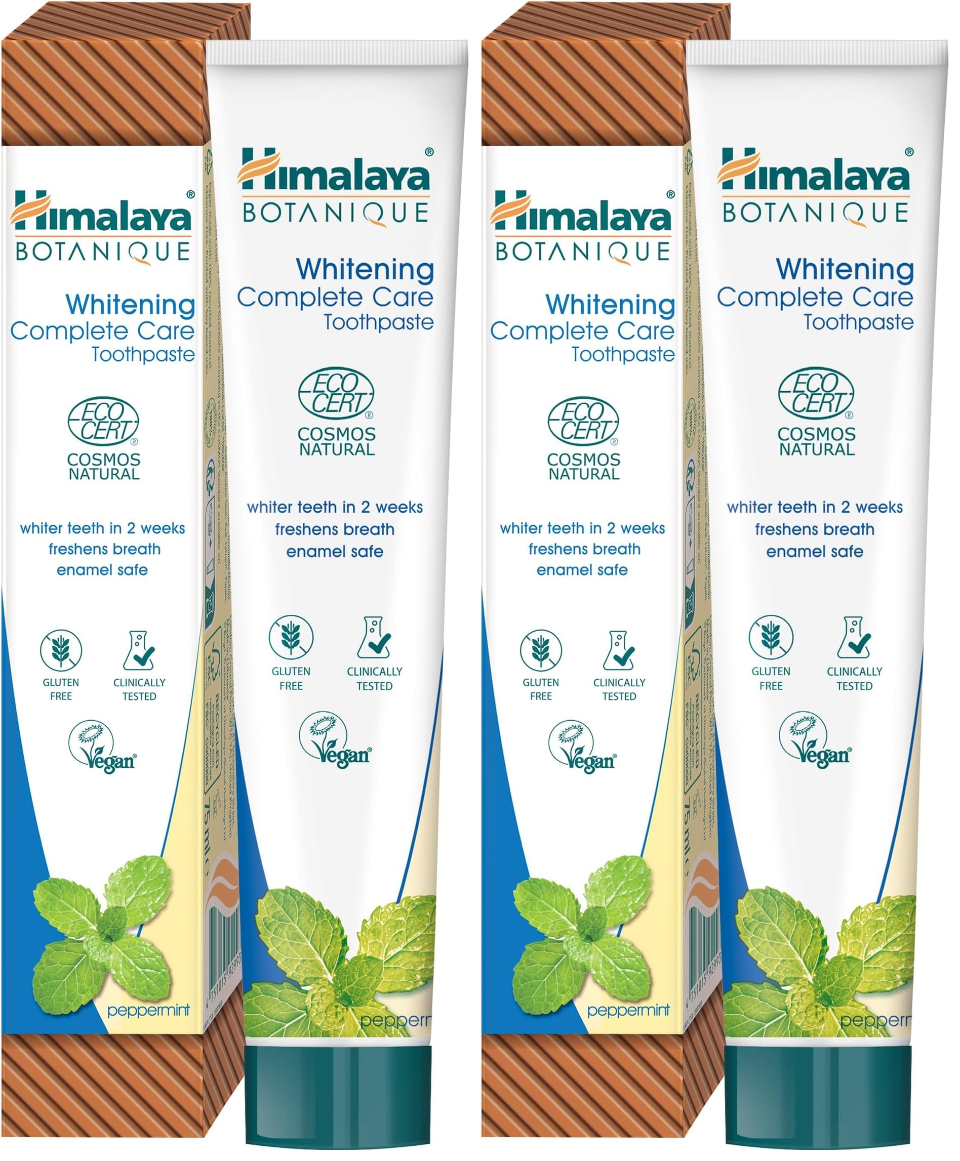 Ecocert Cosmos Natural Certified Himalaya Botanique Whitening Complete Care Toothpaste with Organic Actives, Peppermint Flavor | Whiter Teeth and Fresh Breath | Fluoride Free & Gluten Free, 75 ml