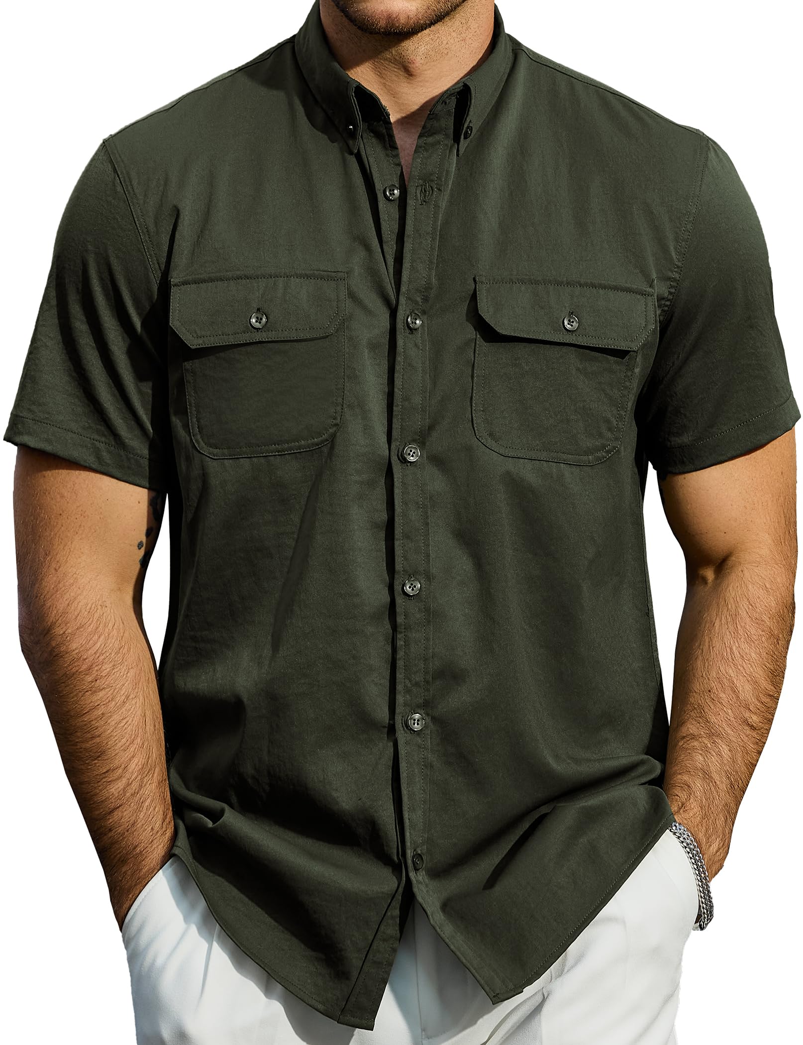 Mens Work Shirts Button Down Short Sleeve Shirt with Two Pockets