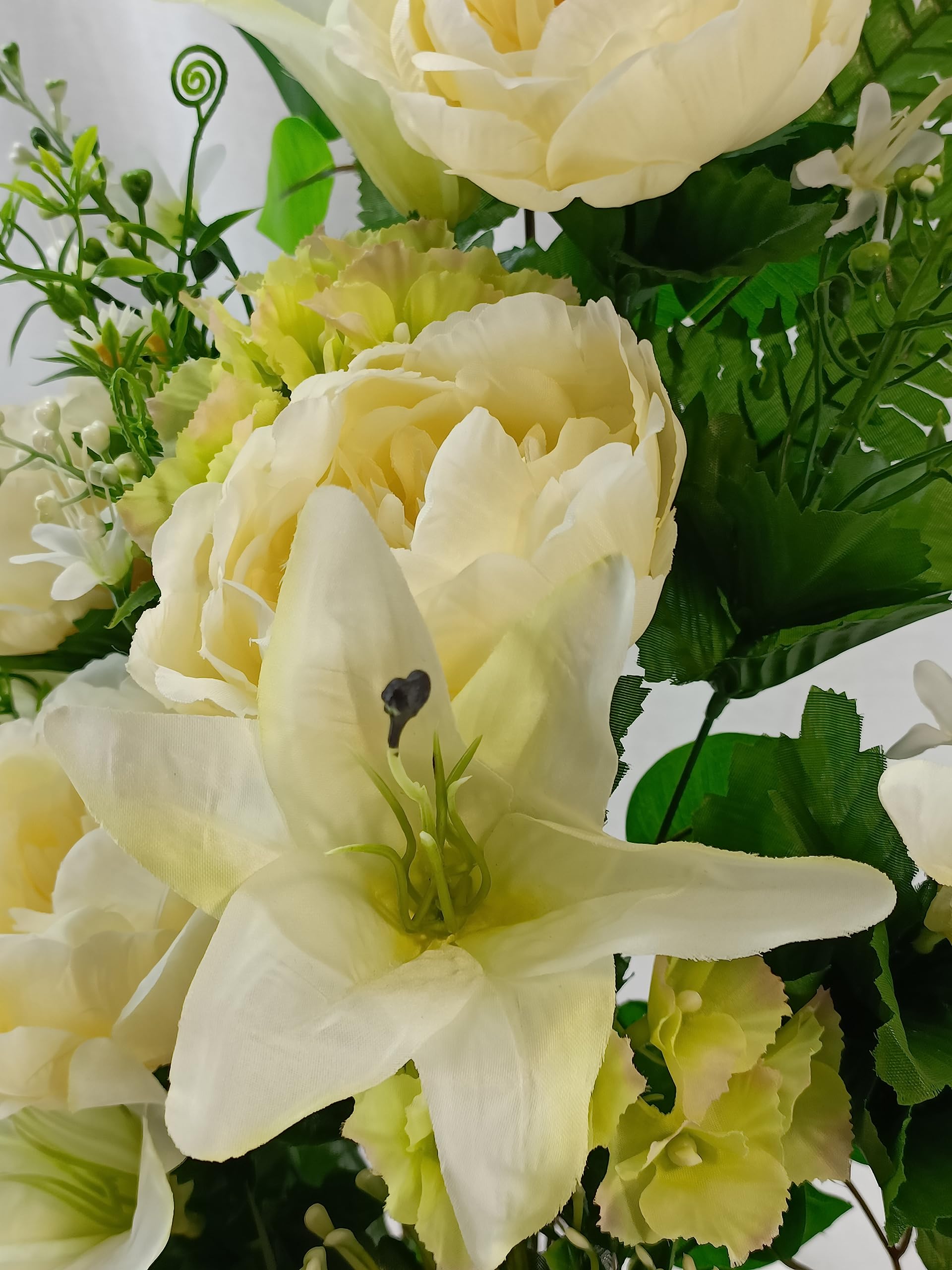 DRW Centro de Flores Artificiales para Cementerio Iglesias Bodas Centro de Flores para los Santos Beige Morado y Blanco (Jarron 65x40 cm)