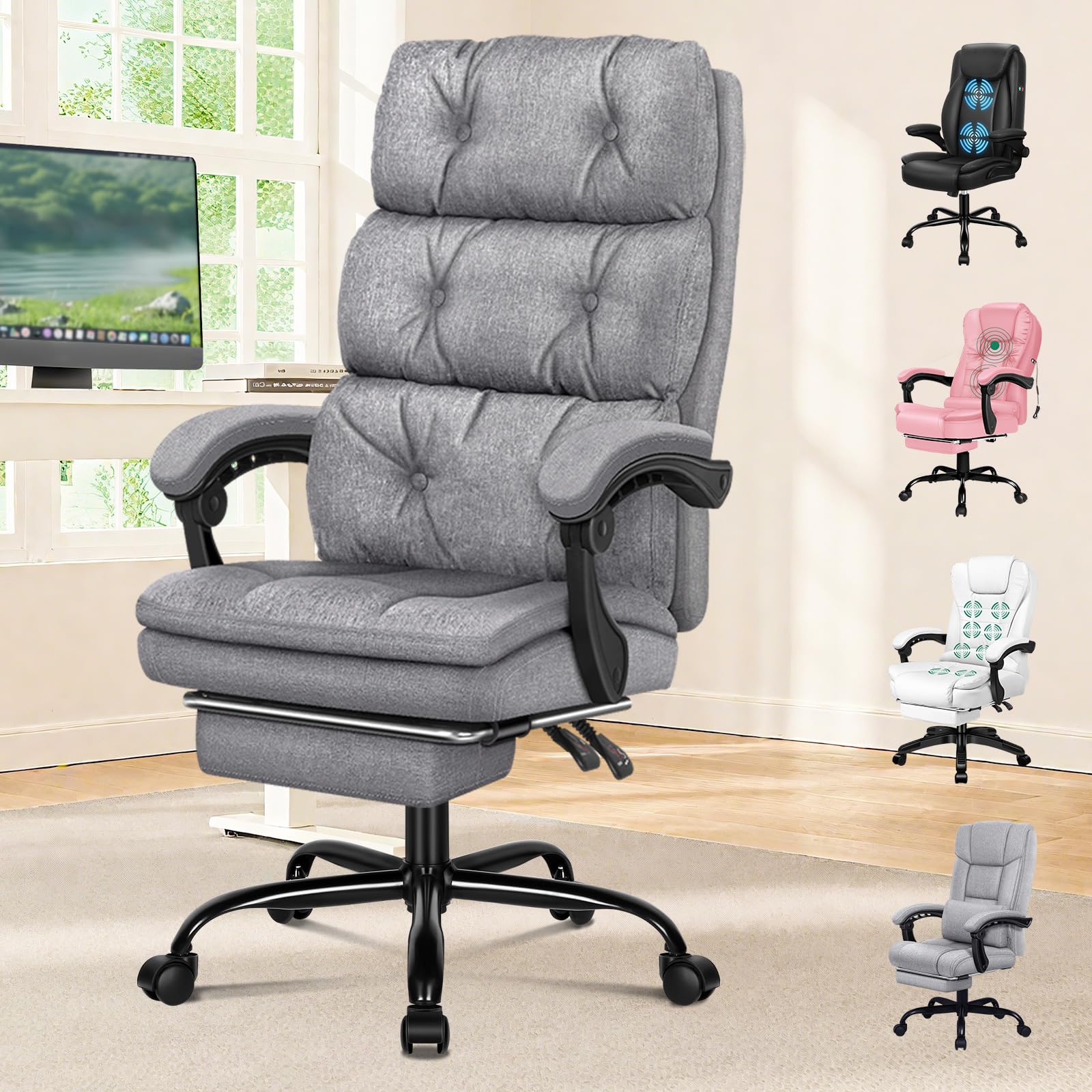 ELFORDSON Office Chair with Dual Paddings, Computer Executive Desk Chair with Footrest Armrests, High Back 150° Recliner Tilting 360° Swivel, Fabric Linen, Grey — image 1