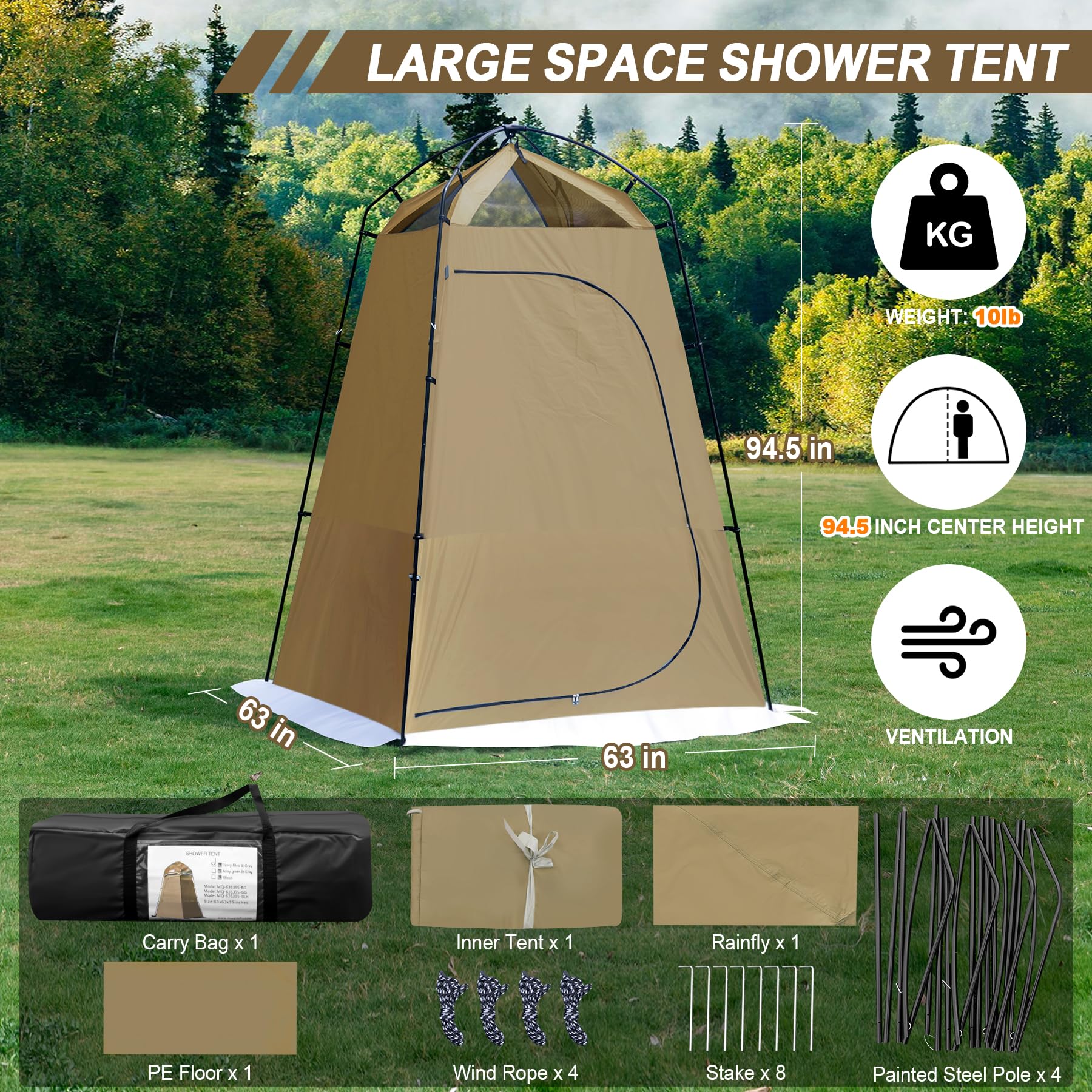 Camping Shower Tent, 7.9FT Oversize Changing Tent, Portable Outdoor Bathroom Toilet Tent with Floor, Easy Set Up Privacy Shelter for Dressing, Hiking, Fishing, UPF50+