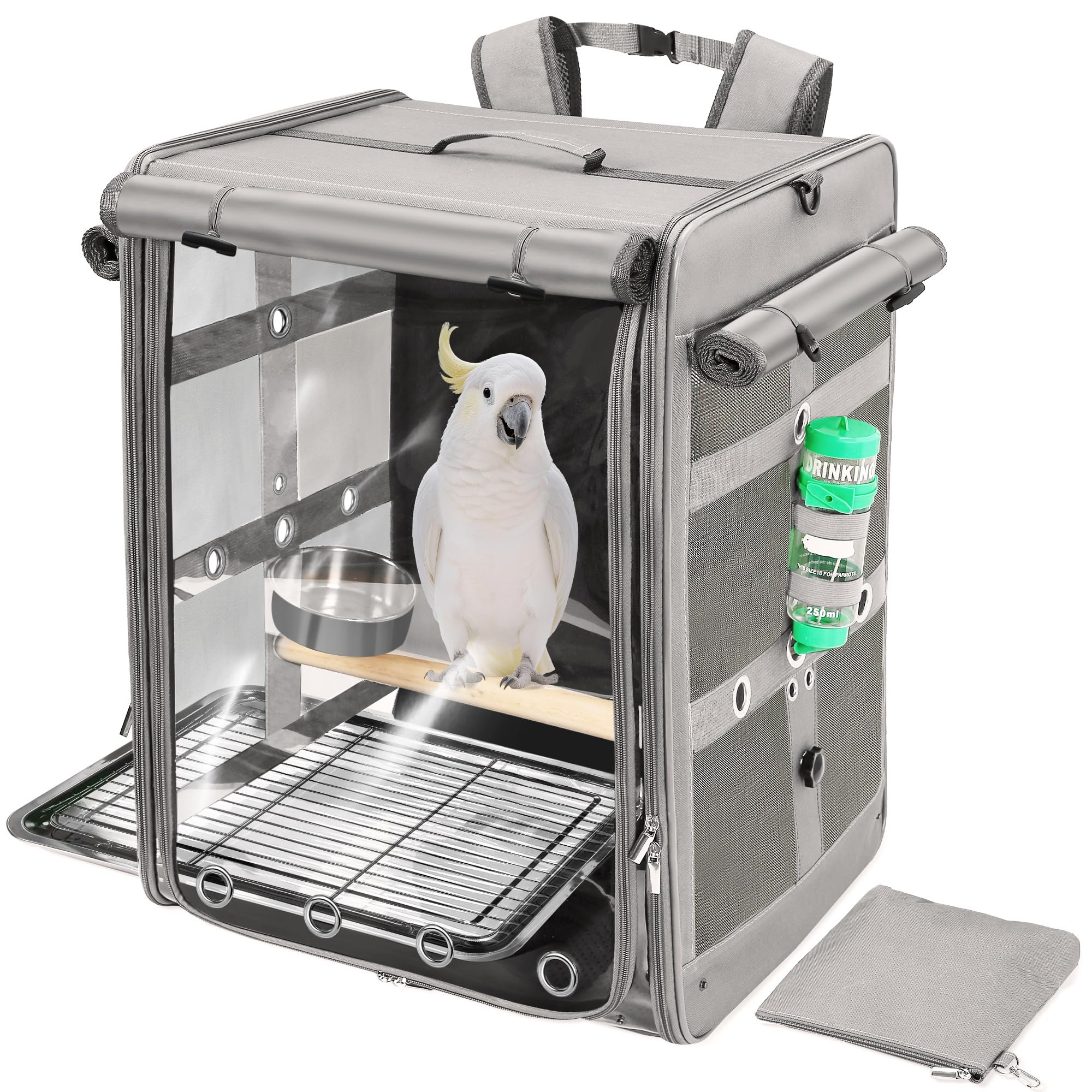 Bird Carrier Travel Cage, Cockatoo Carrier, Parrot Travel Backpack with Unbreakable Stainless Steel Mesh, Perch, Water Bottle and Food Bowl, X-Large Grey