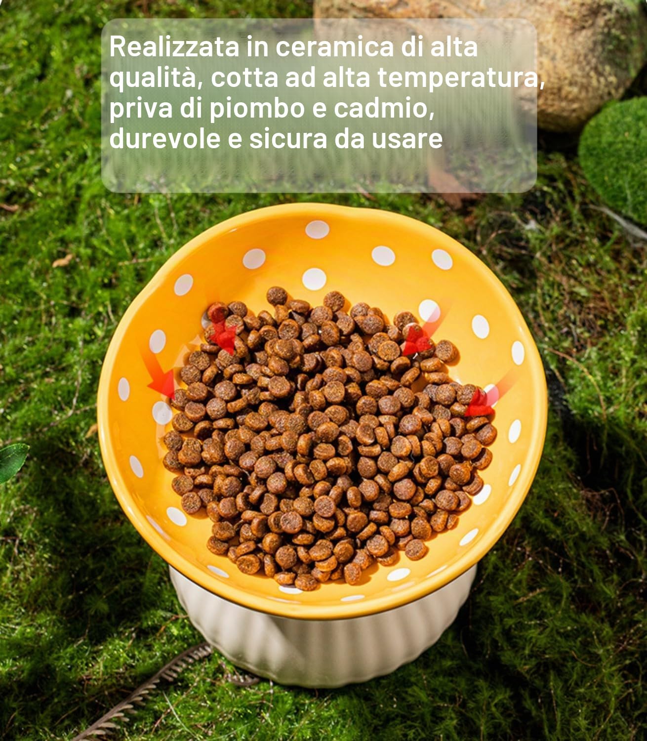 Set di 2 ciotole rialzate in ceramica per gatti con cuscinetto protettivo antiscivolo in silicone, a forma di fungo, per cibo per gatti e acqua, piatto rialzato anti vomito, 300 ml, rosso e giallo