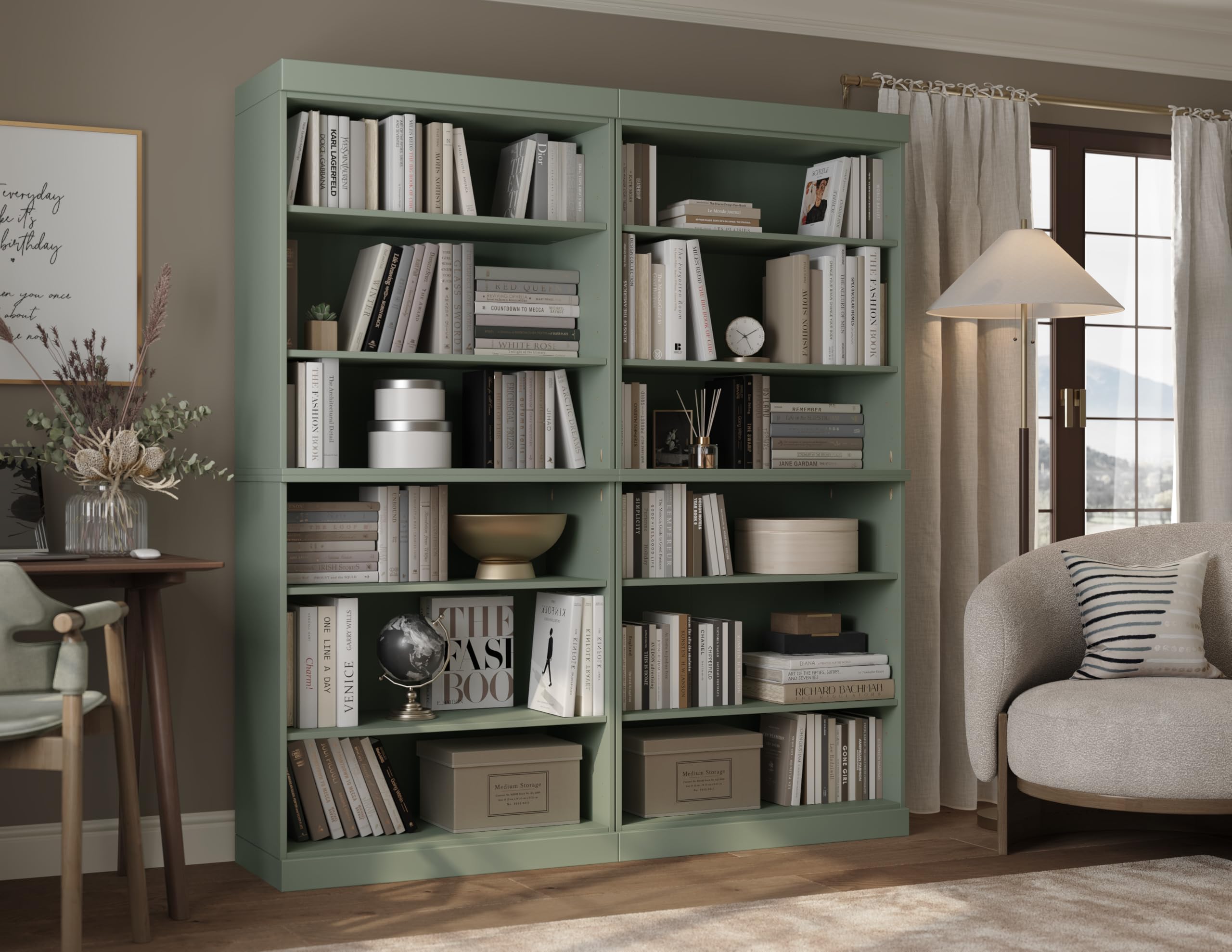 Palace Imports 12-Shelf Bookcase, 100% Solid Brazilian Pine Wood, Sage Finish, 64" Wide, 71.5" Tall, Modular Stackable, Adjustable Shelves