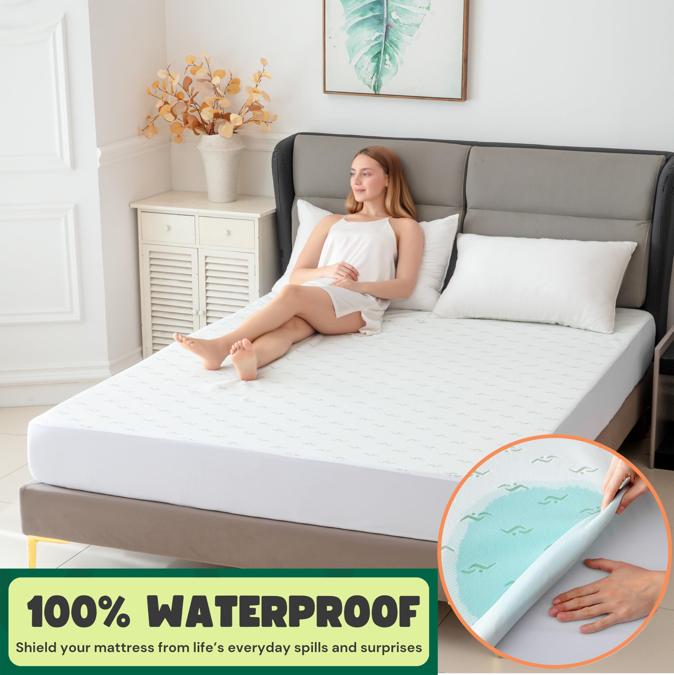 SKYLINEWEARS Premium Bamboo Jacquard Waterproof Mattress Protector 100% Waterproof Ultra-Soft & Breathable, Noiseless Cooling Bed Cover Deep Pocket Fits Up to 22” for Secure Protection & Comfort Twin