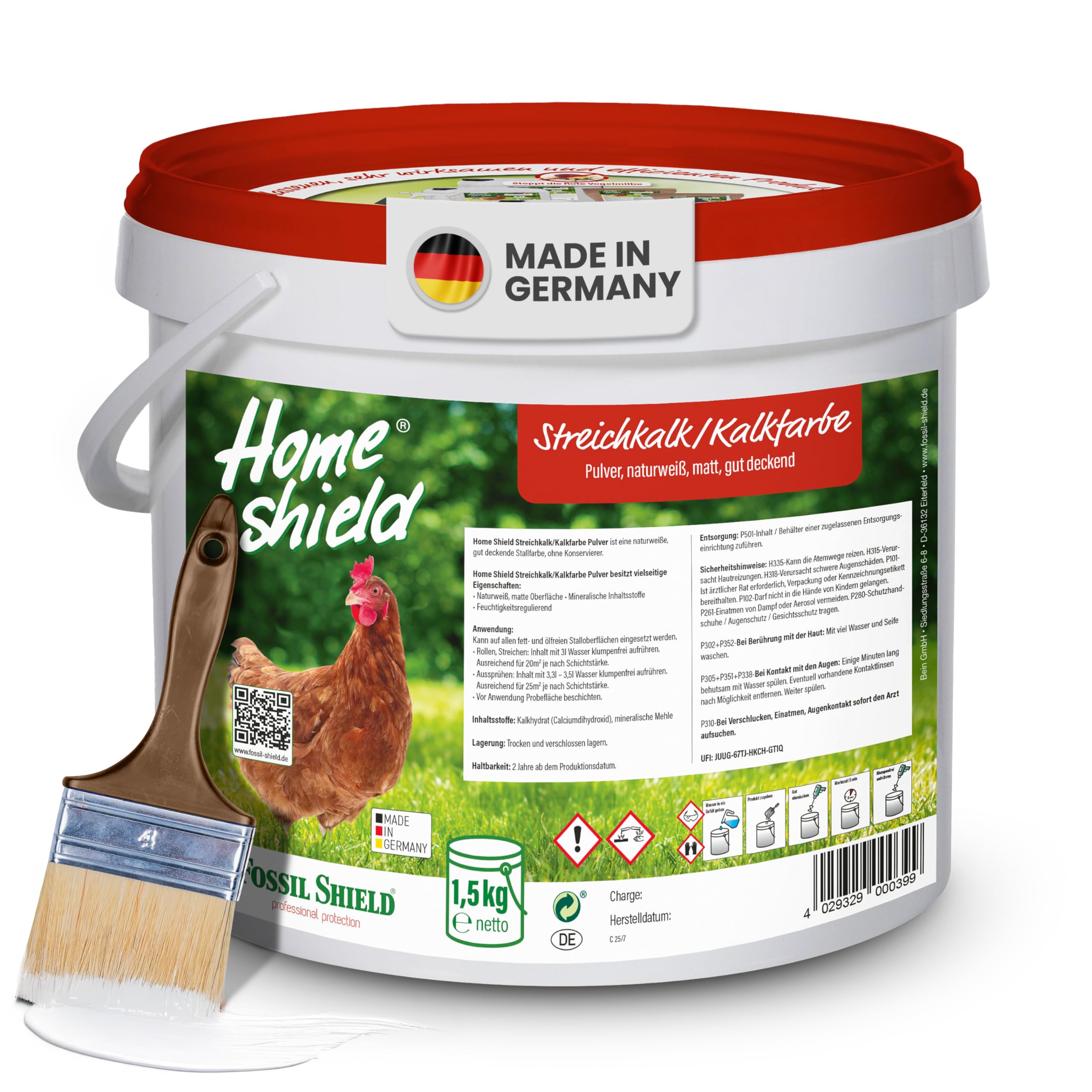 Home Shield Kalkfarbe Hühnerstall Pulver 1,5 kg im Eimer, weiß - Streichkalk zum Anrühren - Matte, naturweiße Stallfarbe mit guter Deckkraft für Ställe