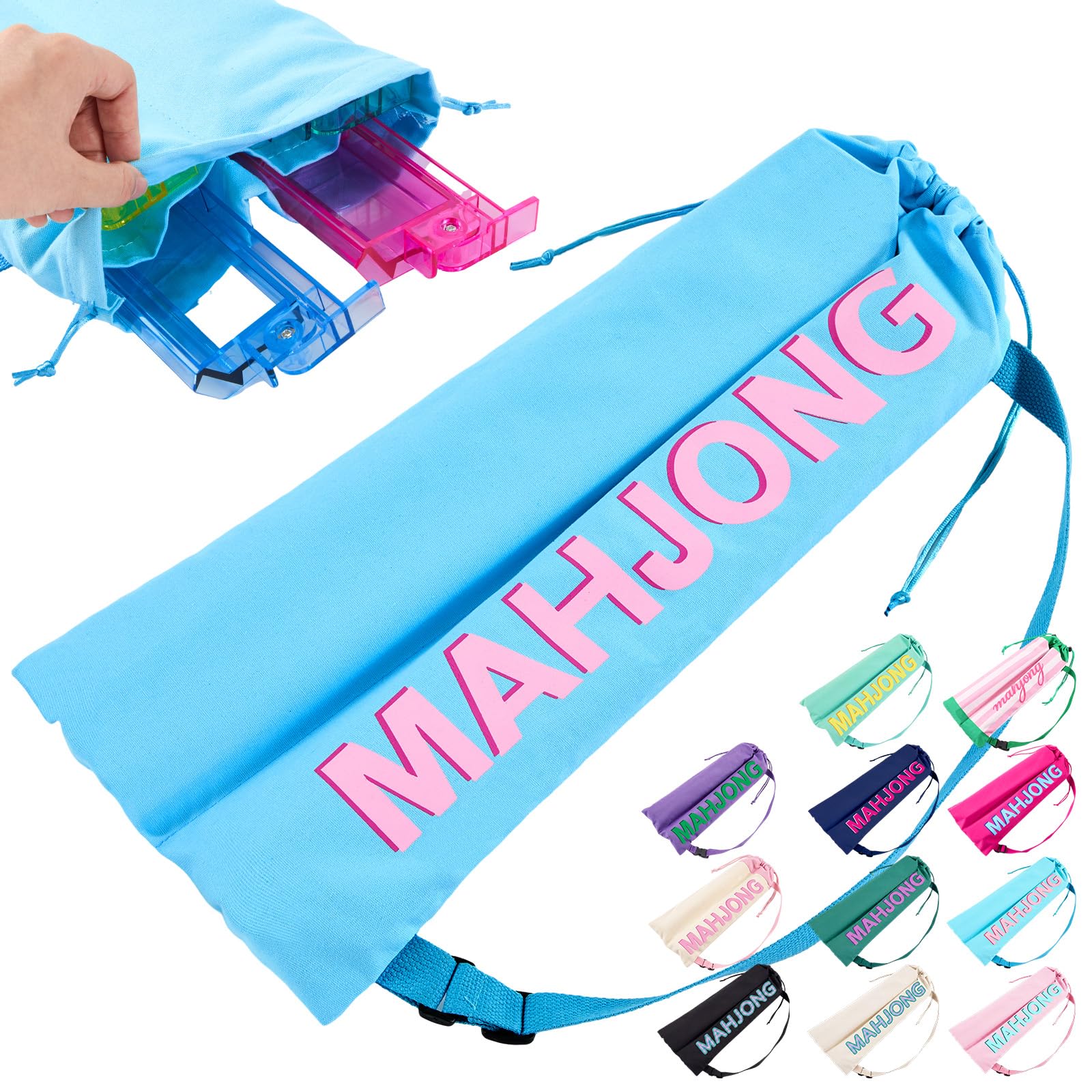 Cosblank Mahjong Rack Bag with 4 Divider Pockets Canvas Drawstring Mahjong Game Rack & Pushers Storage Bag Fits All Types of Racks Protective Sleeve for Game Night Travel(Blue)