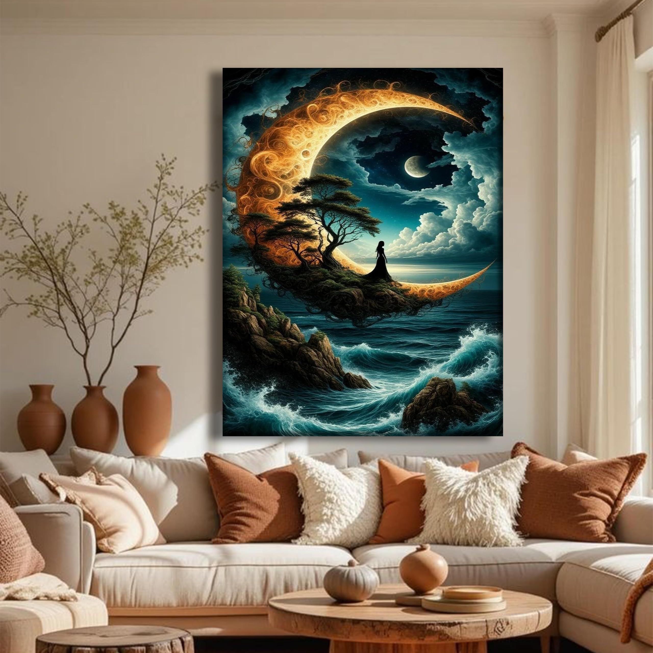 CAOXTART Celestial Moon Canvas Wall Art, Surreal Sea Landscape Painting for Living Room Wall Decor Prints(70x110cm/Internal Frame)