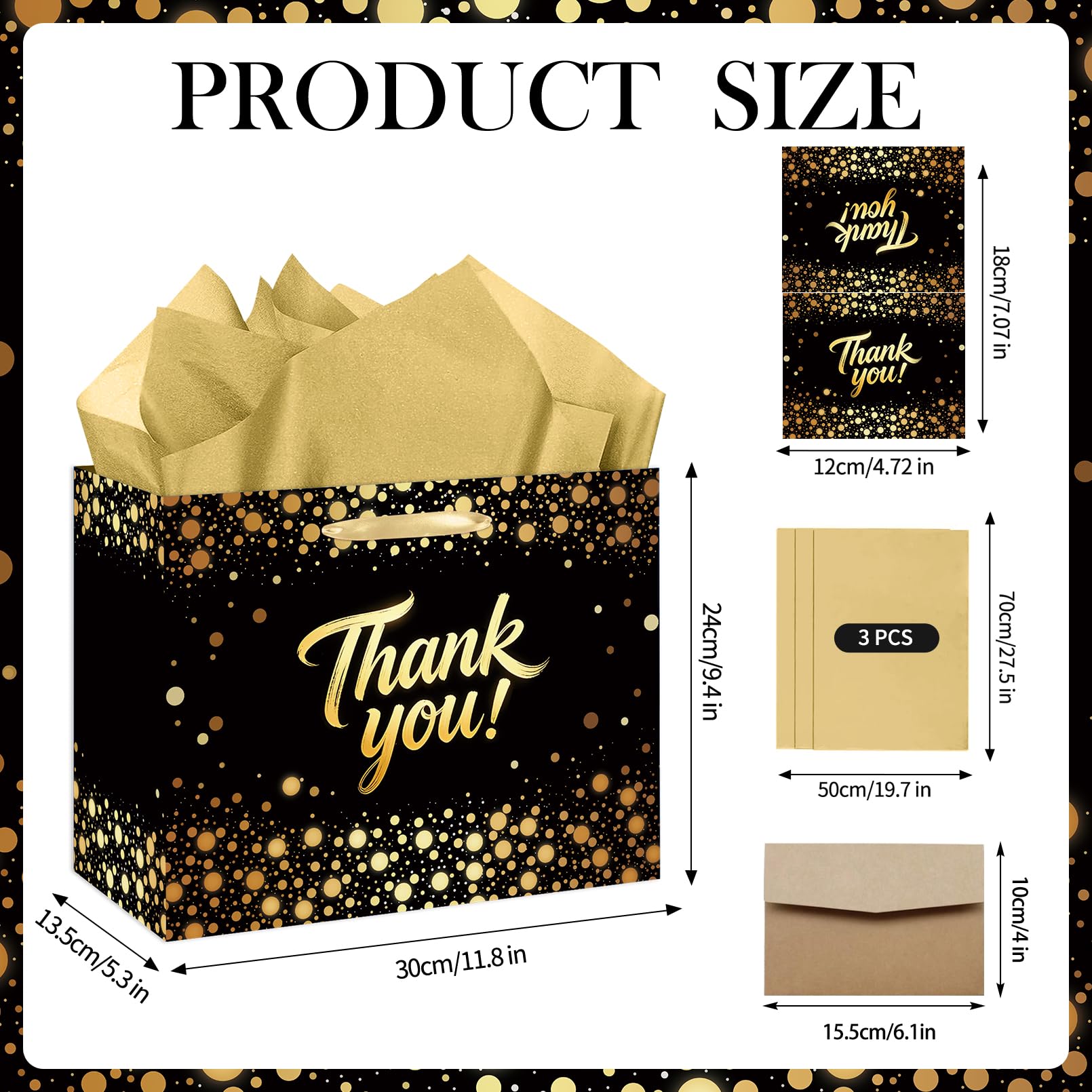 YXYASR Elegant Black Gold Thank You Gift Bag with Handles - Large Gift Bag Set Includes 3 Sheets of Gold Tissue Paper and Matching Greeting Card with Envelope - for Weddings, Graduations