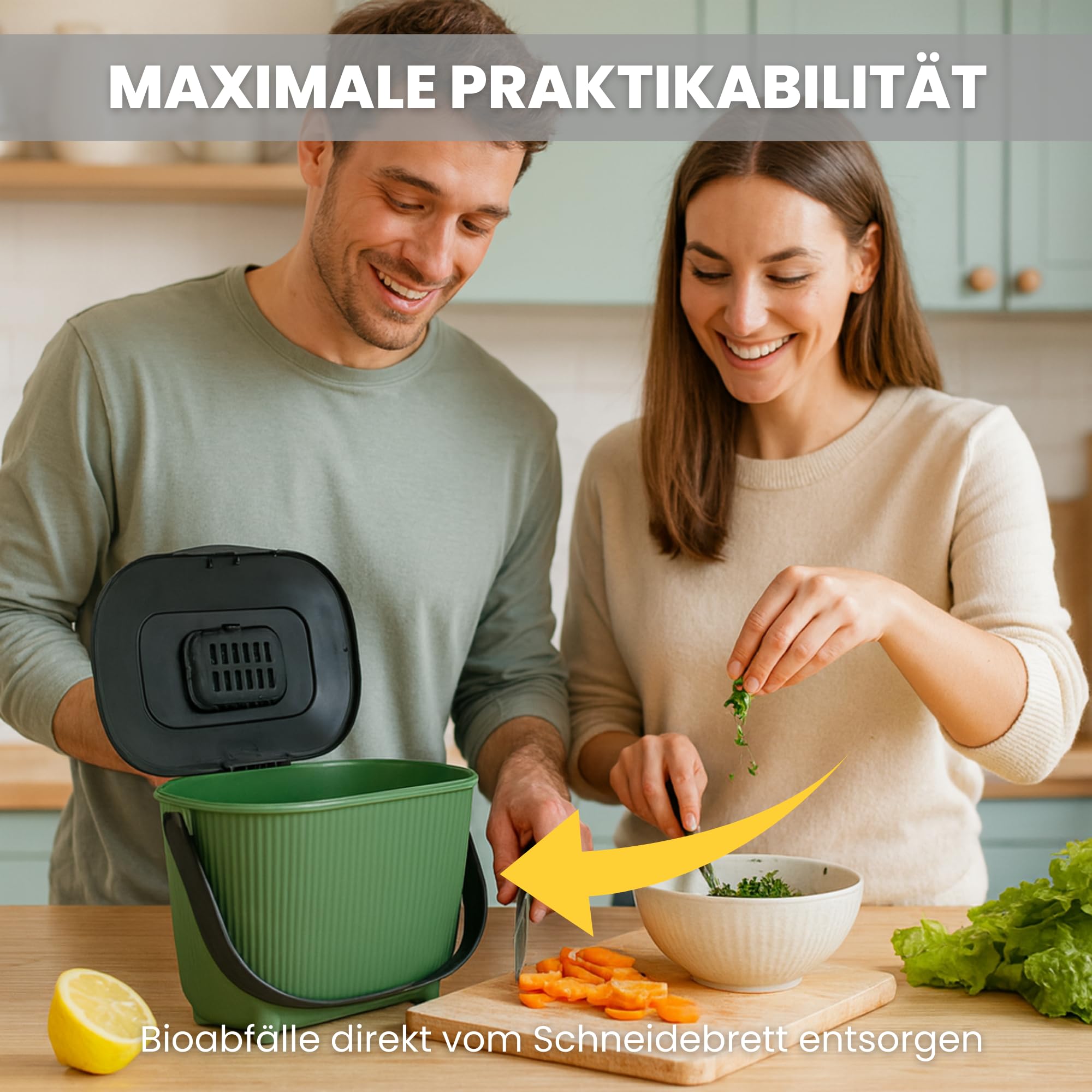Secchio per compost biologico da 10 l con coperchio, filtro ai carboni attivi e maniglia per il trasporto, salvaspazio e inodore per cucina, riciclabile, verde con coperchio grigio, Kamai Home