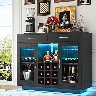 knoworld Wine Bar Cabinet with LED Lights, Coffee Bar Cabinet with Wine and Glass Rack, Black Bar Cabinet Liquor Cabinet, ...