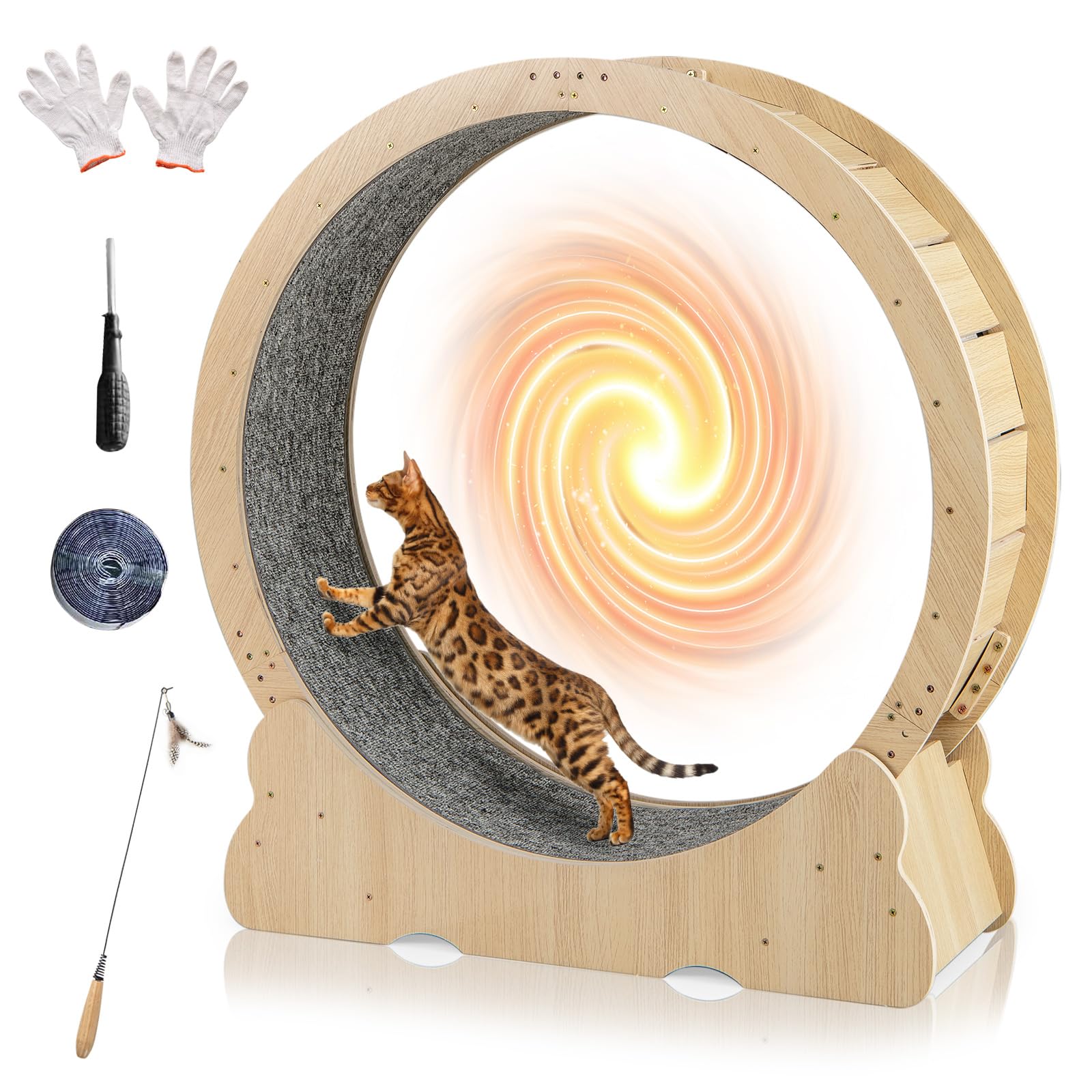 COSTWAY Ruota per Esercizio per Gatti da Interno 101 cm, Tapis Roulant per Gatti con Meccanismo di Blocco, Corsa con Moquette Rimovibile, Ruota di Allenamento in Legno a Rumore Ultra Basso