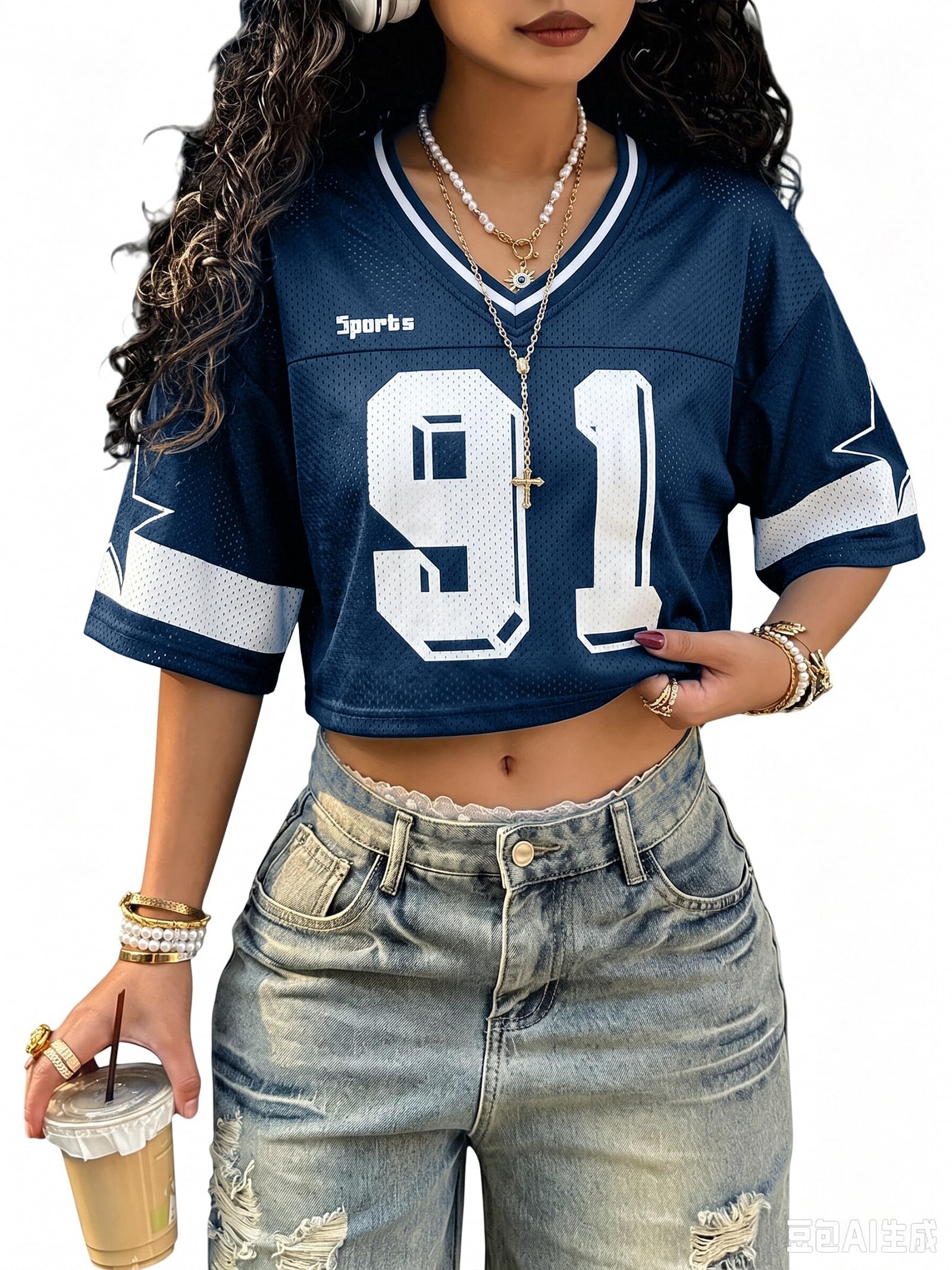Jersey Shirts for Women Y2k Graphic Number Tees Hip Hop V Neck Short Sleeve Mesh Crop Top Baggy Streetwear T Shirt Tops