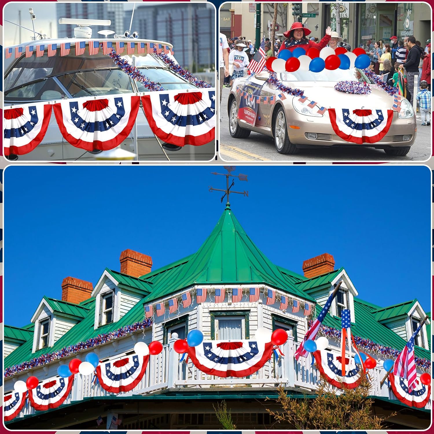 57 Pcs Patriotic Boat Parades Kit American Pleated Fan Flag USA Windsock Patriotic Flag Banner Red White Blue Garlands Balloons for Memorial Day 4th of July Independence Day Boat Street Porch Decor
