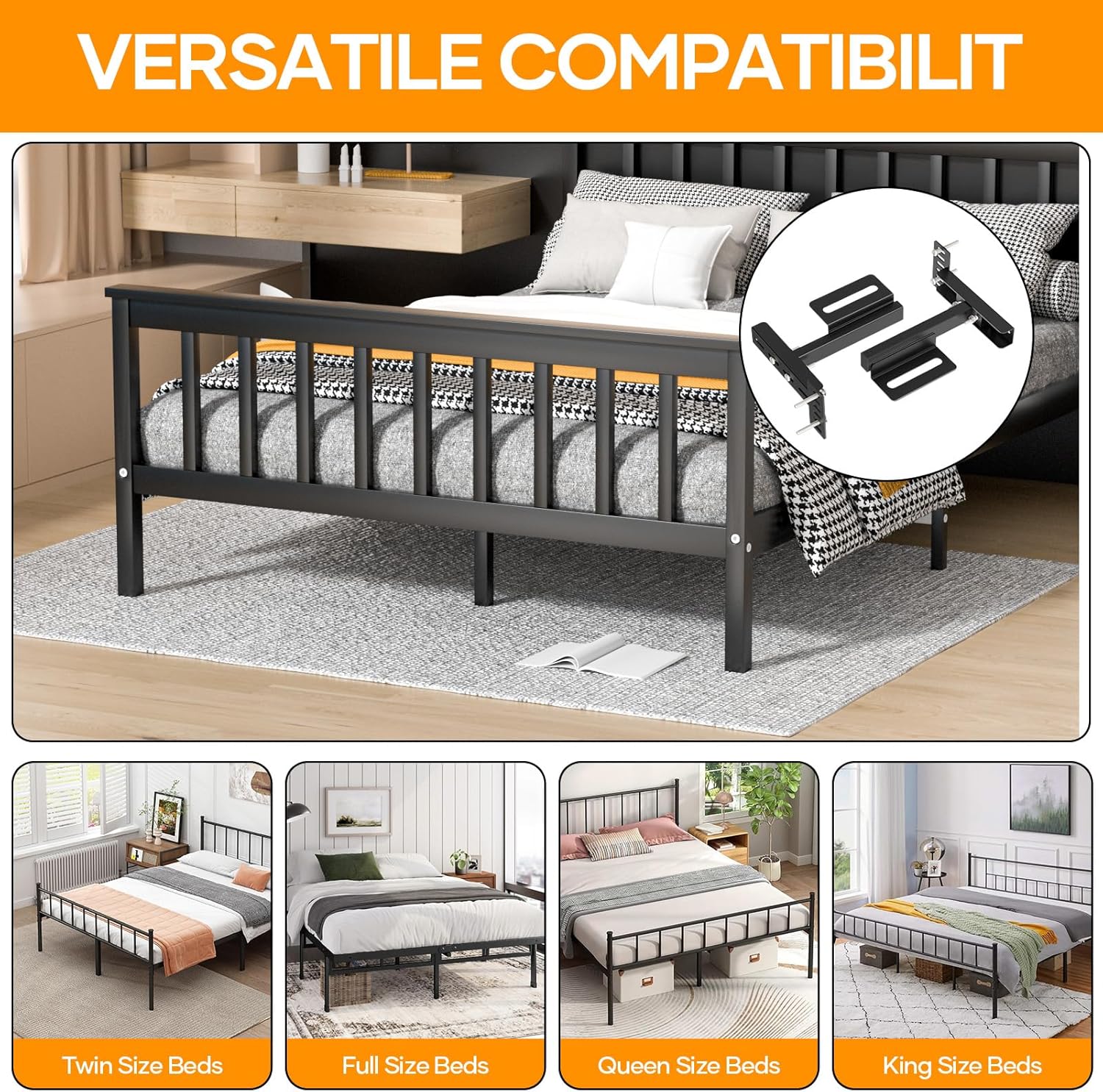 Adjustable Headboard Brackets for Metal Bed Frames – Universal Headboard Attachment Kit with Footboard Extension | Fits Twin, Full, Queen, King Beds, 2 Pack (Black)